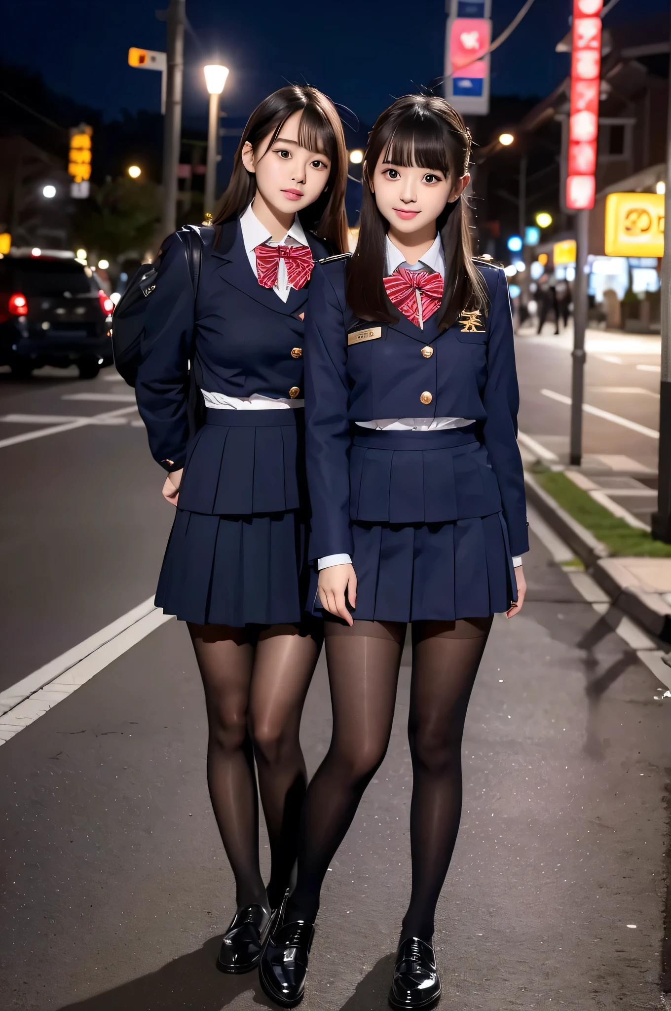 low angle shot、black pantyhose、big breasts、Shoes are visible、super tree snap、expensive, A -face woman wearing a short skirt and bow tie is standing in a neon street at night..、high school student、Thin calf、japanese girl、Winter clothes、Wearing Japanese school uniform、Japanese school black uniform、Wearing a surreal high school uniform、girl in uniform、Wearing a dark blue uniform、Full body Esbian、(micro mini skirt)、plump thighs、Wearing pantyhose that show skin、leather shoes、Japanese high school 、Nogizaka idol、inviting eyes