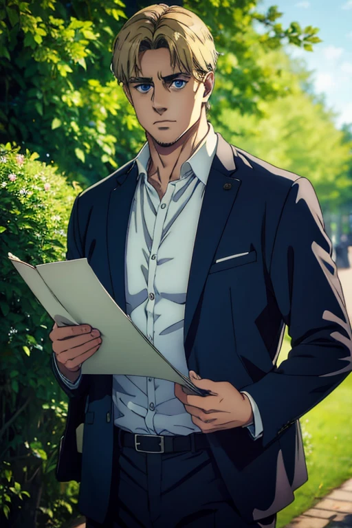 (best quality, highres, masterpiece:1.2), ultra-detailed, (realistic, photorealistic, photo-realistic:1.37), Male character, Mappa art style, Blue eyes, Medium blonde hair, Sharp jawline, Blue shirt, Outdoor scene, Lush green garden, Sunlight streaming through the leaves, Gentle breeze, Subtle color variations, Vibrant flowers, Authentic texture, Intricate background details, Dynamic pose, Confident expression