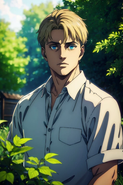 (best quality, highres, masterpiece:1.2), ultra-detailed, (realistic, photorealistic, photo-realistic:1.37), Male character, Mappa art style, Blue eyes, Medium blonde hair, Sharp jawline, Blue shirt, Outdoor scene, Lush green garden, Sunlight streaming through the leaves, Gentle breeze, Subtle color variations, Vibrant flowers, Authentic texture, Intricate background details, Dynamic pose, Confident expression