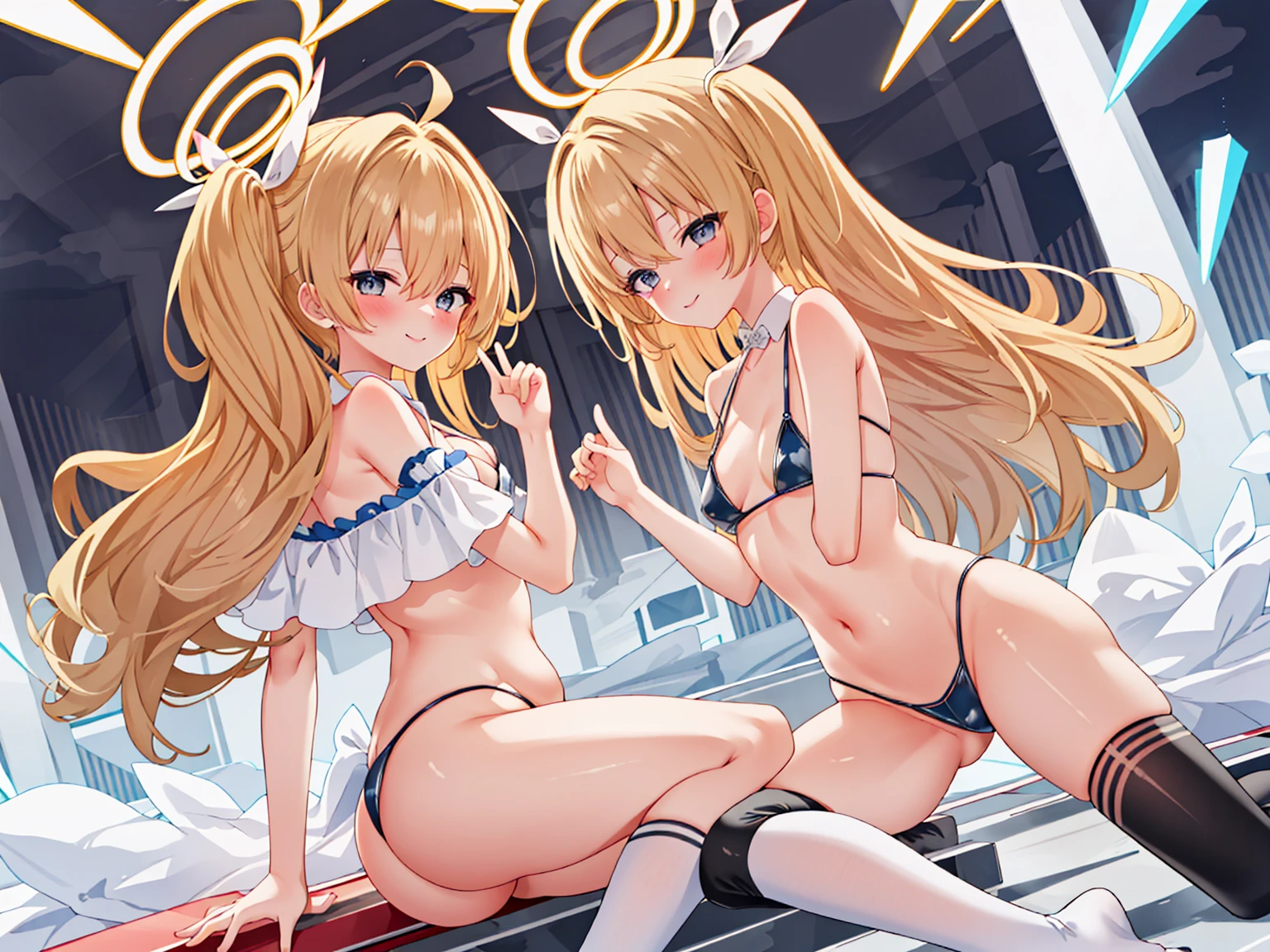(high resolution), (The best resources), (high quality), (masterpiece), 1 plump girl, Asuna, blue eyes, long gray hair, halo, hair covering one eye, very long hair, light brown hair, (, Cracked Contrast Glue High Socks, Red latex, praying hands logo, looking at the audience, 8K HD RTX, Delicate finger detailing,Obscenity exposed,slim figure,Smile