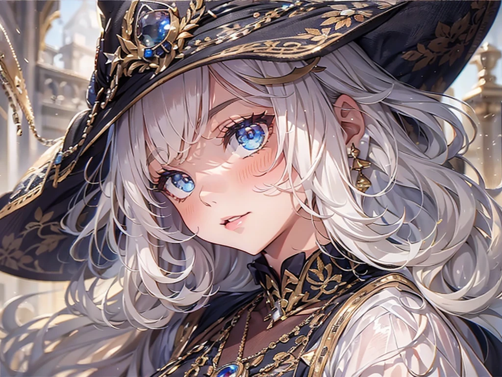 (masterpiece), (works of art), (Amazing work), (fine eyes), (delicate skin), (heterochromic eyes), (colorful), (short white hair with bangs), (sparkling eyes), (1 girl) With witch's hat, Ancient, old, Wear extravagant medieval clothing, masterpiece, highest quality, best designer, best illustrations