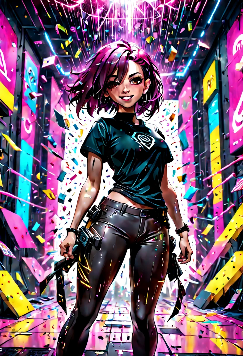 latin beautiful woman. smile. pink dark hair. cyberpunk style. brown eyes. tight black pants. tight black t-shirt. lights. confetti raining down. joyous celebrations. detailed matte painting, deep color, fantastical, intricate detail, splash screen, complementary colors, fantasy concept art, 8k resolution trending on Artstation Unreal Engine 5