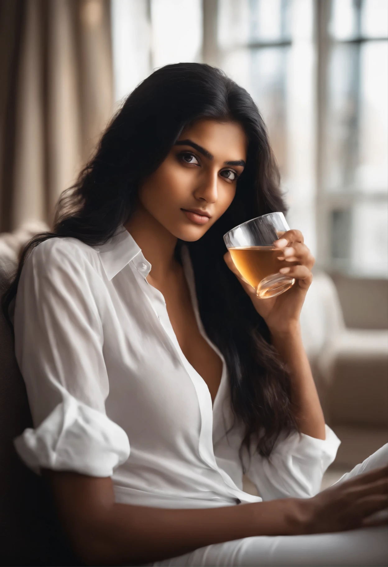 Portrait of A confident-looking indian teenager with long flowing black hair, hazel eyes, wearing a man's full sleeve solid white shirt, drinking water, c-cup breasts, sitting on sofa, bokeh, perfect composition, hyper realistic, super detailed, 8k, high quality, trending art, sharp focus, showing cleavage, intricate details, highly detailed