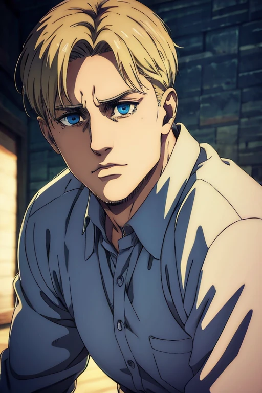 (best quality, highres, masterpiece:1.2), ultra-detailed, (realistic, photorealistic, photo-realistic:1.37), Male character, Mappa art style, Blue eyes,  blonde hair, Sharp jawline, Blue shirt