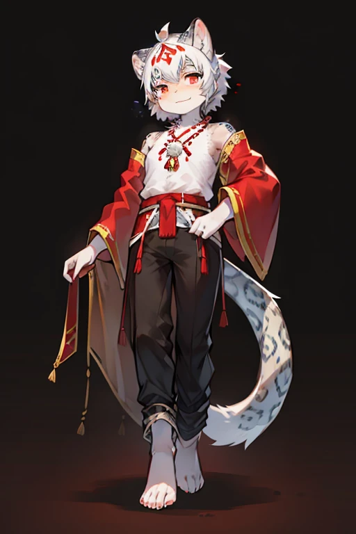 Humanity,hairy,snow leopard,Hanfu,,national style,red background,cheveux gris courts,shorter pants,,barefoot,