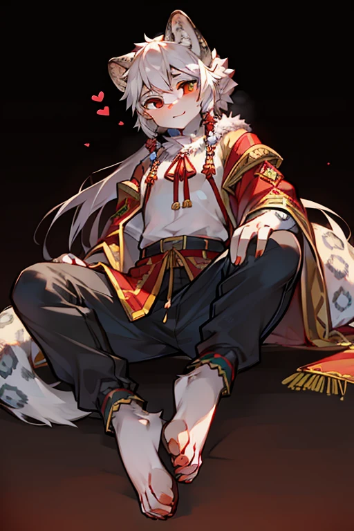 Humanity，hairy，snow leopard，Hanfu，，national style，red background，cheveux gris courts，shorter pants，，barefoot，