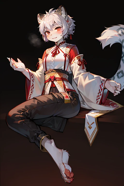 Humanity,hairy,snow leopard,Hanfu,,national style,red background,cheveux gris courts,shorter pants,,barefoot,