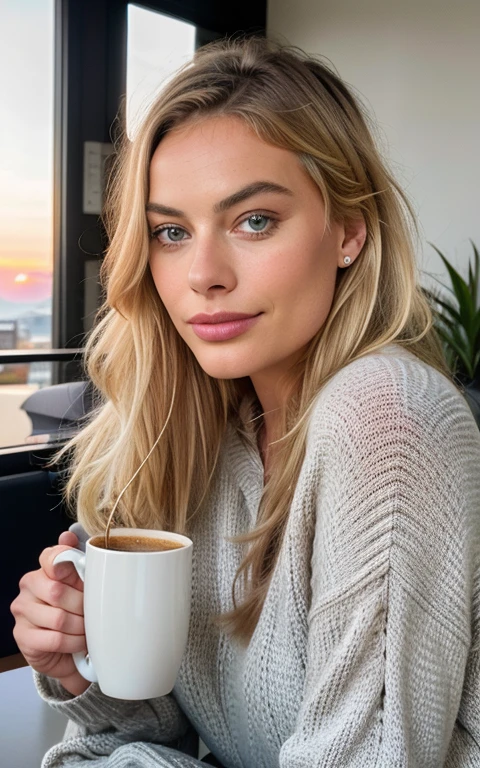 Beautiful blonde Margot Robbie wears a pink sweater (Sipping coffee in a modern café at sunset), Sehr detailiert, 21 Jahre alt, Unschuldiges Gesicht, Natural wavy hair, blaue Augen, high resolution, Meisterwerk, best quality, Komplizierte Details, Sehr detailliert, scharfer Fokus, detaillierte Haut, realistisch skin Textur, Textur, detaillierte Augen, Fachmann, 4K, charming smile, mit Kanone gedreht, 85mm, shallow depth of field,  Kodak Vision Farbe, perfectly fitting body, Extremely detailed, Foto_\(Ultra\), photorealistisch, realistisch, Nachbearbeitung, Maximale Detailgenauigkeit, Rauheit, wahres Leben, Ultra realistisch, Fotorealismus, Fotografie, 8K UHD, Fotografie