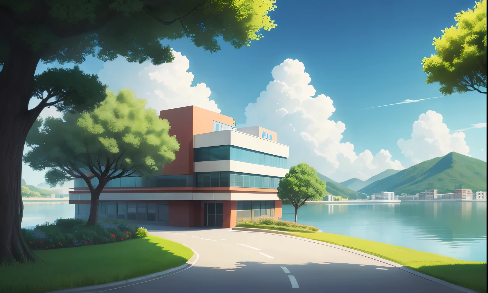 Create a cartoon background, there is a hospital in the middle,(In front of the hospital there is a road),Around it there is green grass and trees, the sky is clear and cloudy, there is a lake and a wooden boat in the bottom right corner,the view is taken from front hospital