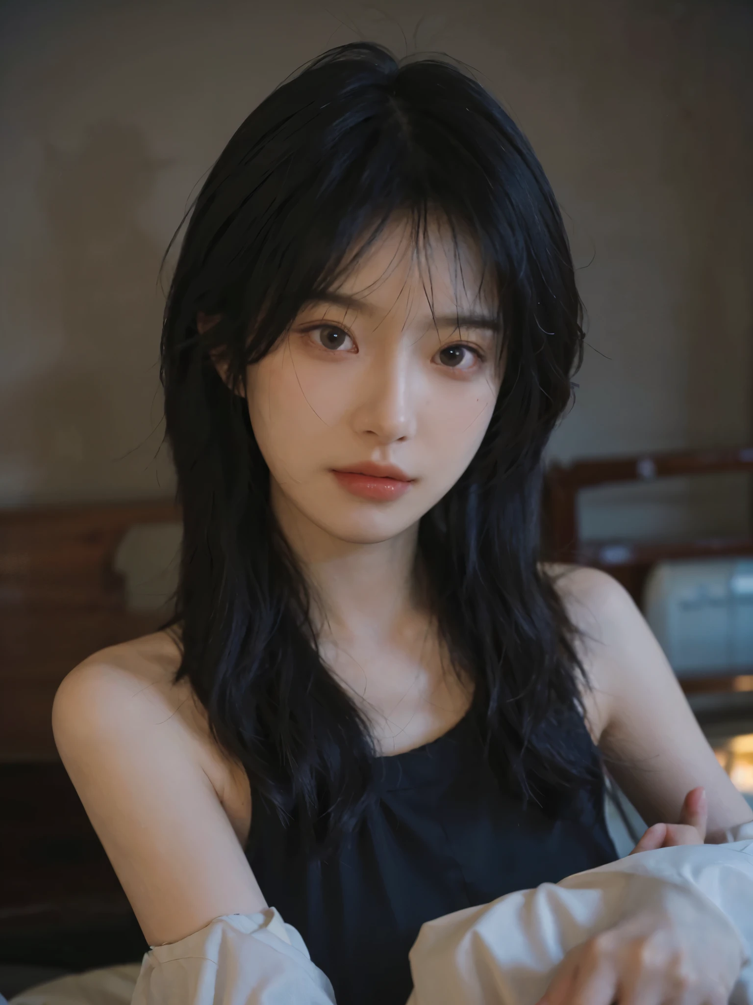 Film portrait photography, 1 girl, bare shoulders, Shoulder length wavy hair, serene, calm, (Realistic and detailed eyes, natural skin texture, Realistic facial details), Soft dramatic lighting, depth of field, Bokeh, Vibrant details, Detailed and detailed, surreal, 35mm film, hazy, ,
