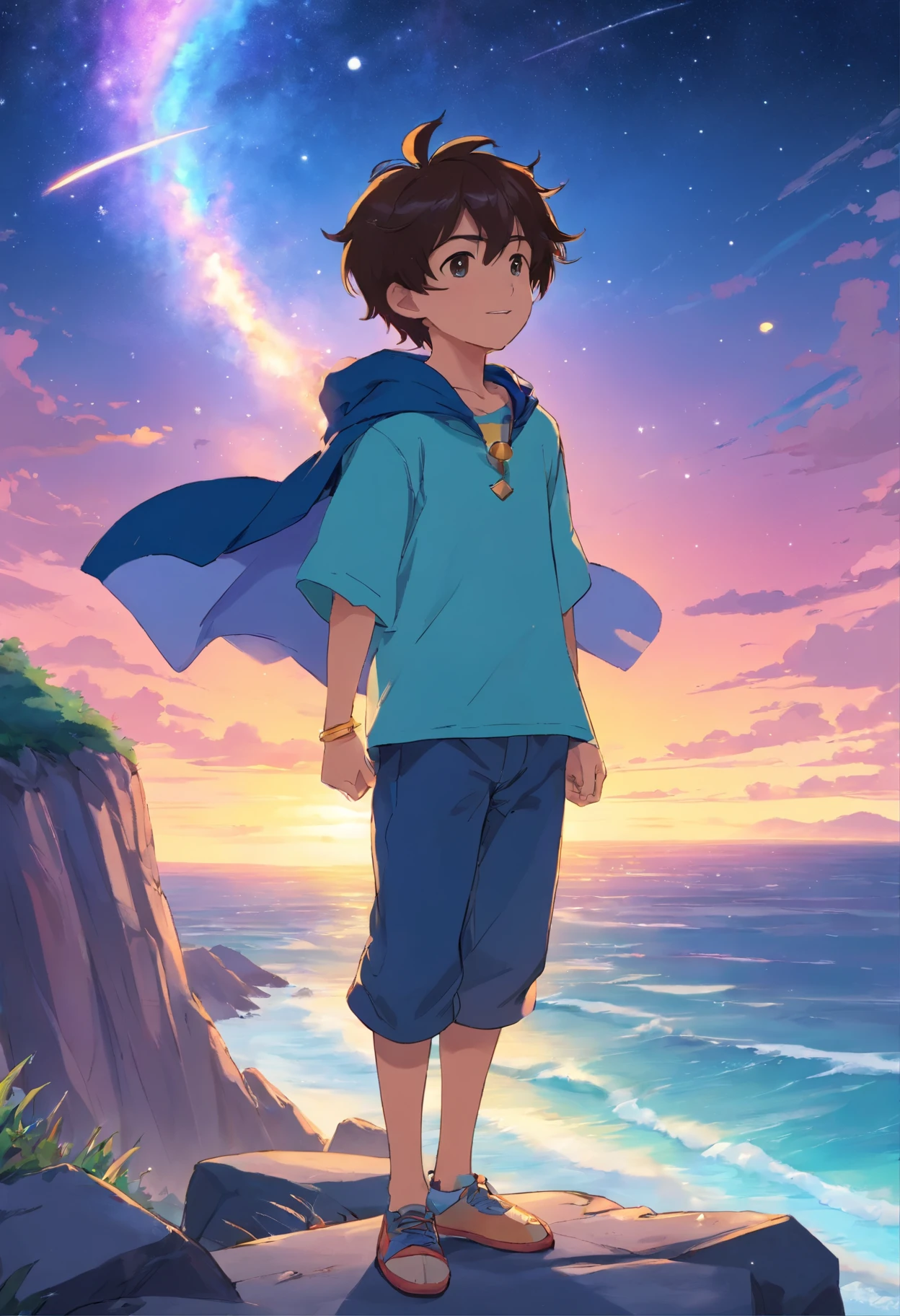 Universal Weight Tarot Card No. 0 The Fool, A boy with a happy expression wearing colorful clothes standing on a cliff on a beach like the Milky Way, A white puppy is barking and following from afar.