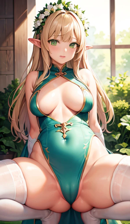 1 girl, , girl, Elven Woman, leaf circlet on head, gentle expression, soft smile, blonde hair, green eyes, small breasts, flat chest ,chubby belly, wide hips, big ass, thick thighs, white elf silk gown, white stockings, face forward,spread legs,shiny skin,drip,squatting, tree in the background, 8K, masterpiece,highly exposed,Plump 1:3,pregnancy 1:4