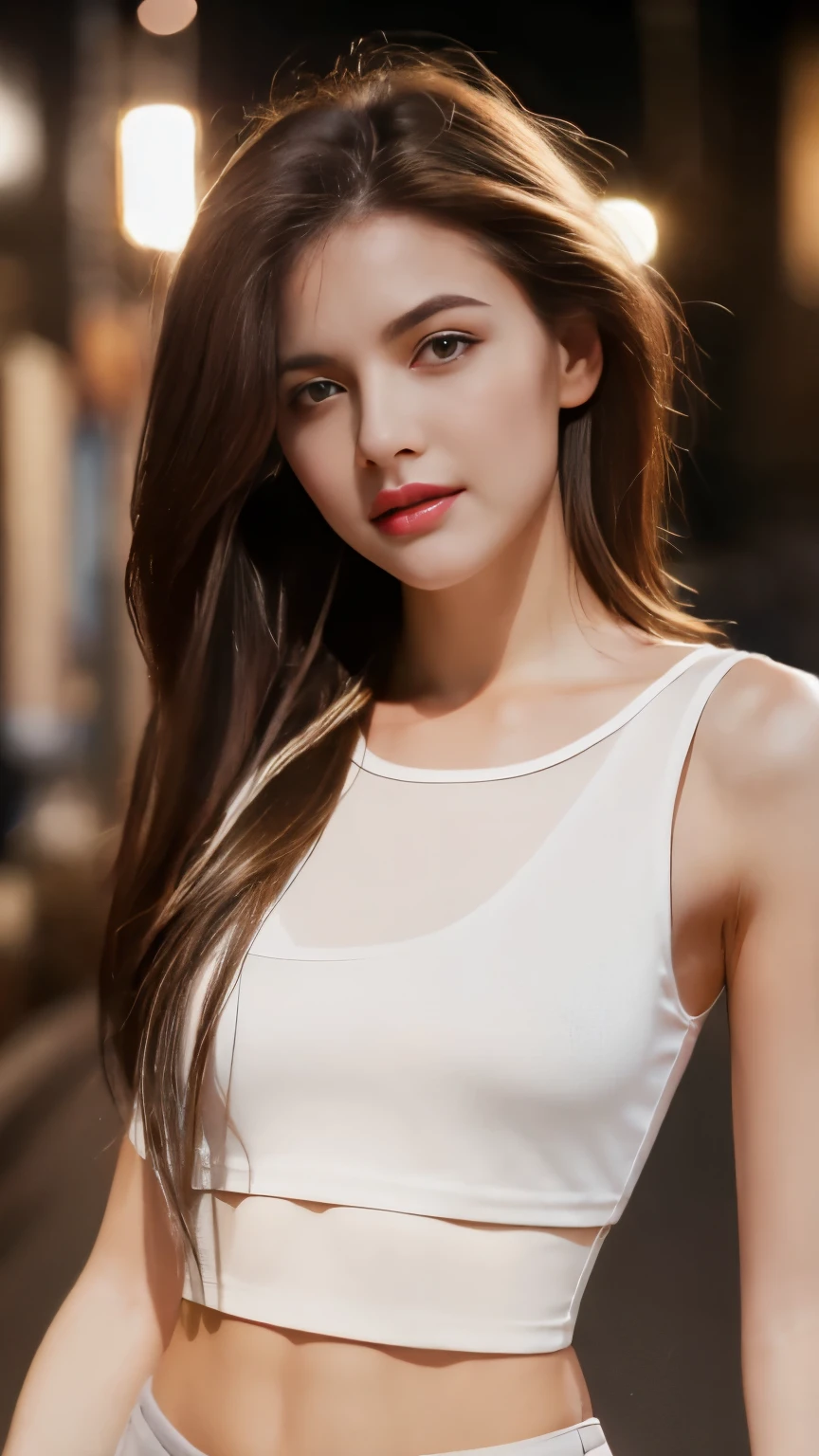 ((Realistic lighting, best quality, 8k, masterpiece: 1.3)), clear focus: 1.2, 1 girl, Perfect body: 1.4, slim abs: 1.1, ((dark brown hair)), (white crop top: 1.4), (outdoor, night: 1.1), city street, The face is super delicate, beautiful eyes, double eyelids,