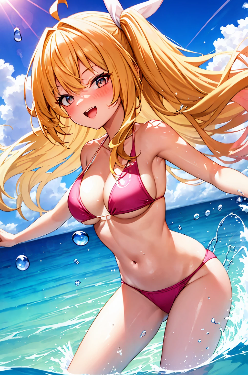 best quality, masterpiece, incredibly beautiful, very elaborate 8K wallpaper, otherworldly beautiful girl, , (fair skinned), (blonde hair pink gradient hair), Side pony, intermittently, Open your mouth and laugh, long eyelashes, cosmetic, One eye open, (zoom out, big, bigREAK, summer, Beachy, (bikini), Reflection in the water, (Floating water drops blur foreground), (blue sky), lens flare glow, (water splash), Sunlight,