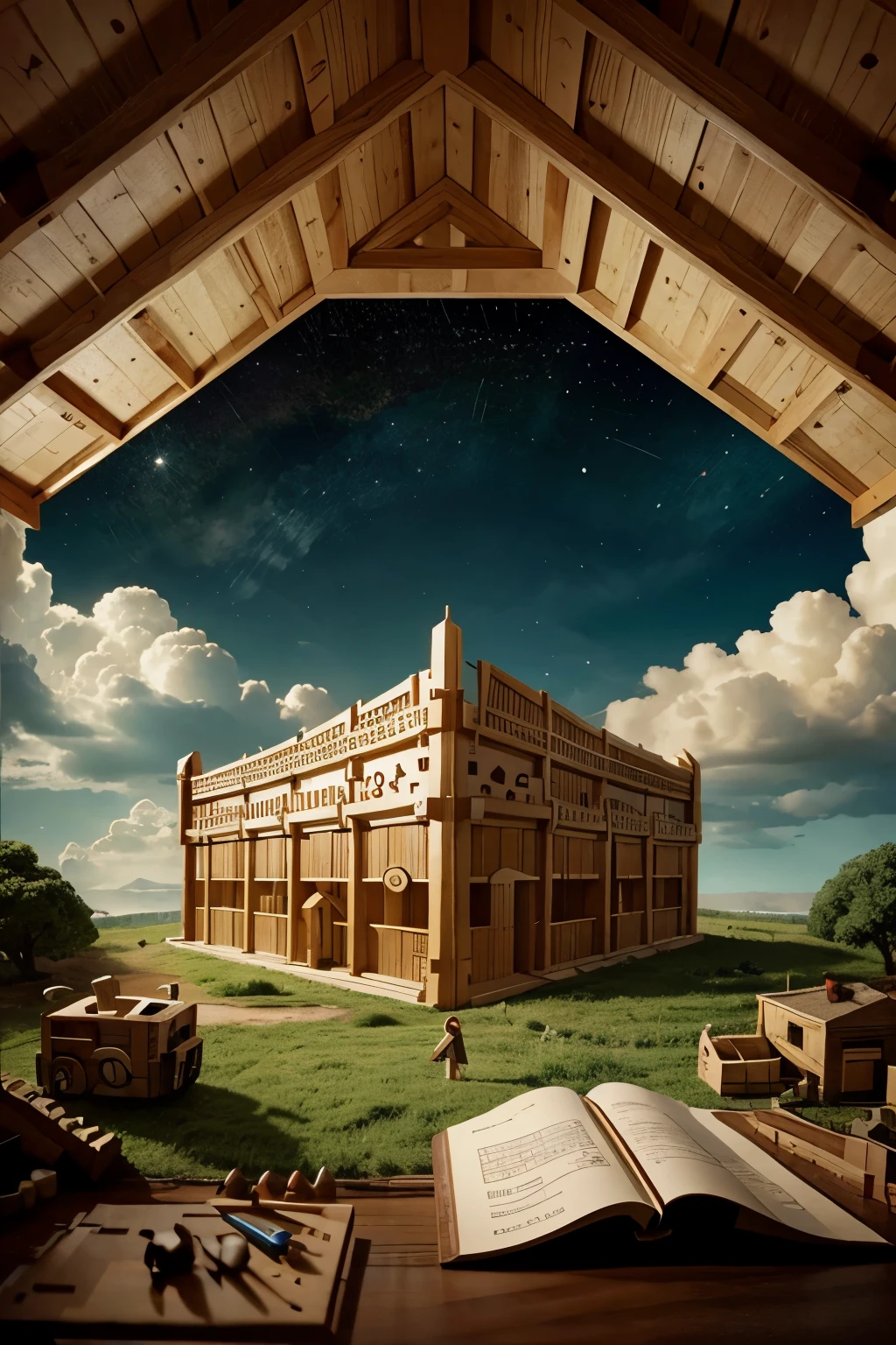 a little biblical noah building the ark with plans from a spaceship, al estilo y estilo cartoon