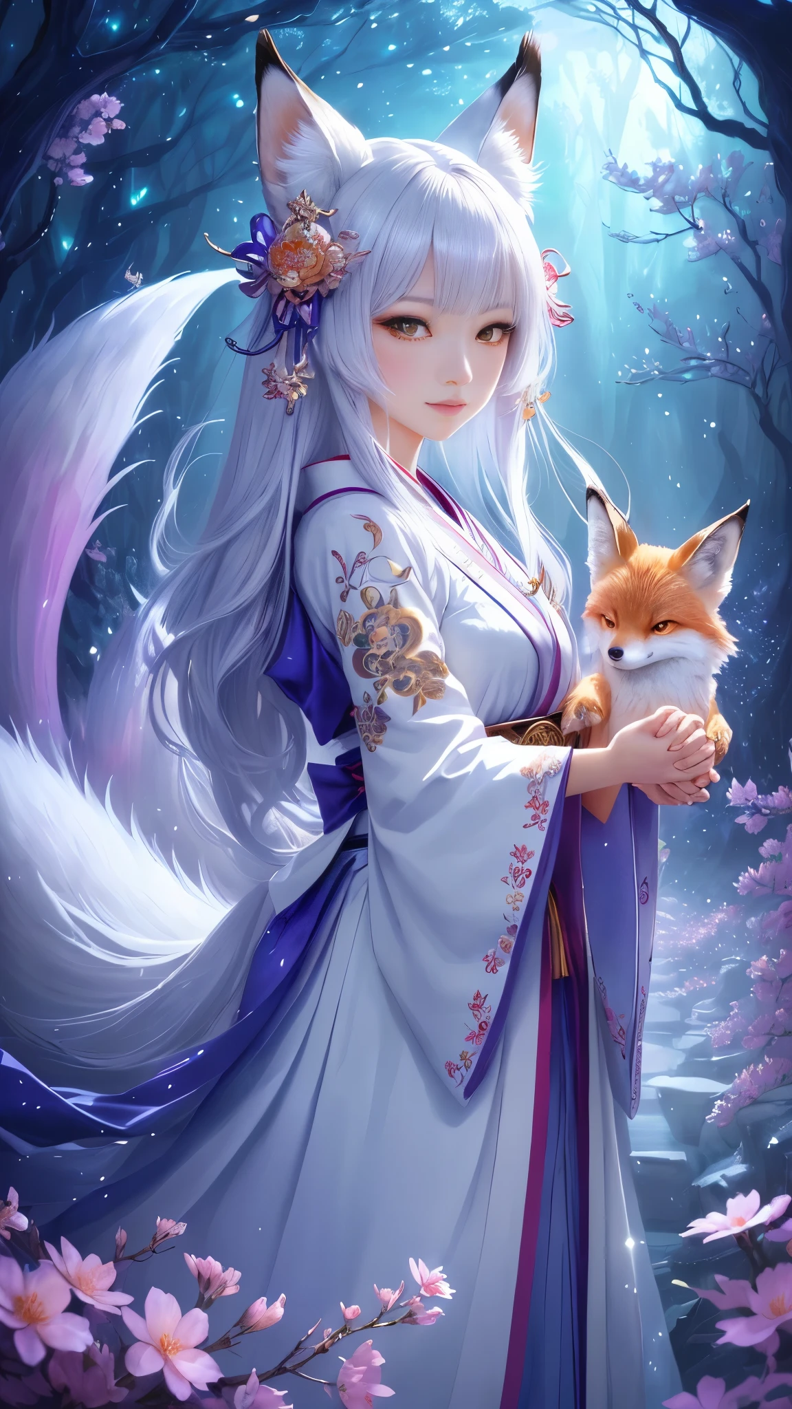 masterpiece , best quality, Close-up, masterpiece, beautiful details, colorful, delicate details, delicate lips, intricate details, genuine, ultrargenuineista, 枝に座っている色とりどりの髪のFoxを持つ女の子:cute, light makeup, ,色とりどりのFox, raposa de nine tails, 三尾Fox, 三尾Fox, onmyoji detailed art, beautiful fine art illustration, mythical creatures, Fox, beautiful digital art,shrine maiden,japanese architecture,hold hands,exquisite digital illustration, mizutsune, Inspired by mythical wild web creatures, pixiv in digital art, shining light, high contrast, Mysterious,枝に座っている色とりどりの髪のFoxを持つ女の子,front,looking at the camera