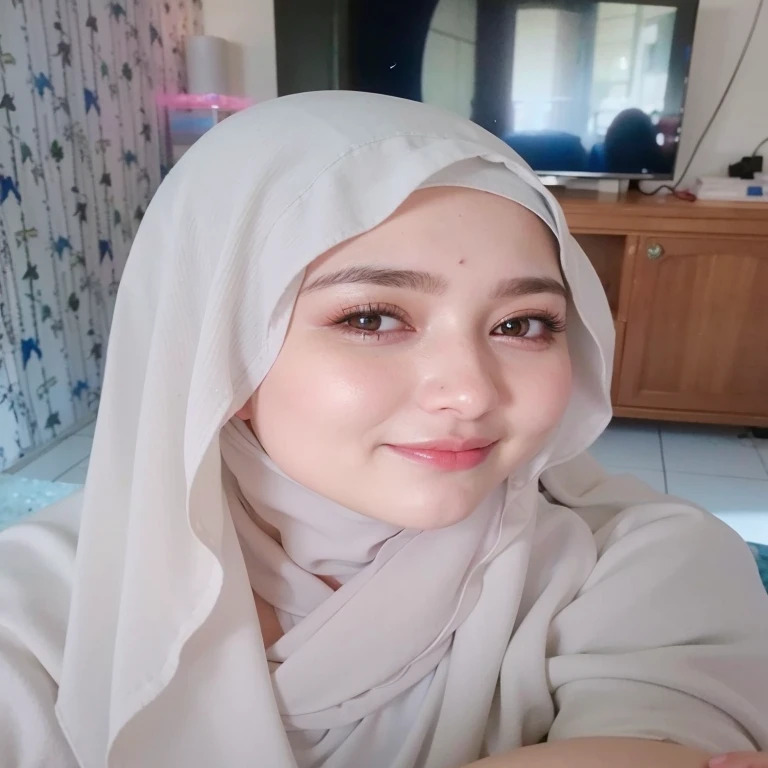 muslim woman in white hijab sitting in front of a television, milky white skin, white hijab, hijab, 8k selfie photograph, faridah malik, with kind face, with professional makeup, lovely woman, wearing white silk hood, with accurate face, shawl, from 8 k matte, sakimi chan, close up potrait, zenra taliyah, siya oum