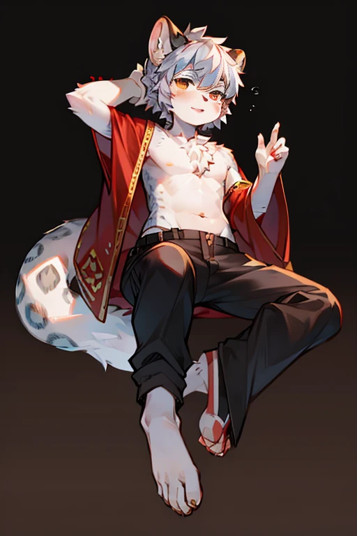 Shota，hairy，snow leopard，Hanfu，，national style，red background，cheveux gris courts，shorter pants，，barefoot，