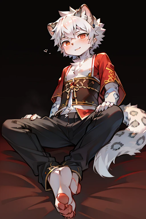 2 naked albino white sacred cat kemoshota boys, tribal, tribal accessories, dynamic angle, kneeled, naked ethnic loincloth, tamachira, tribal bird feather charm on hair, small testicles, flaccid, sweat drops, tear drop