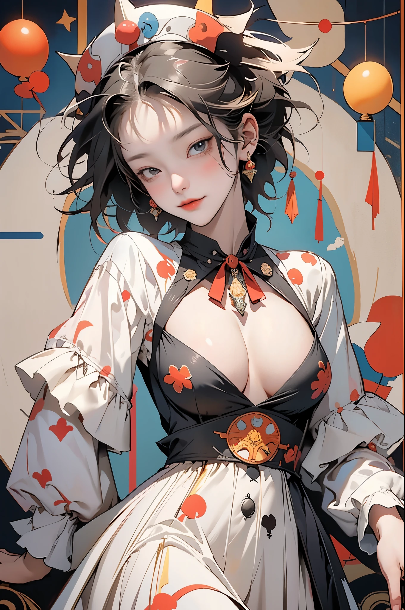 (masterpiece), (best quality), 1girl, clown, colorful, holding poker card, sexy, playing card, big breast, deep V dress