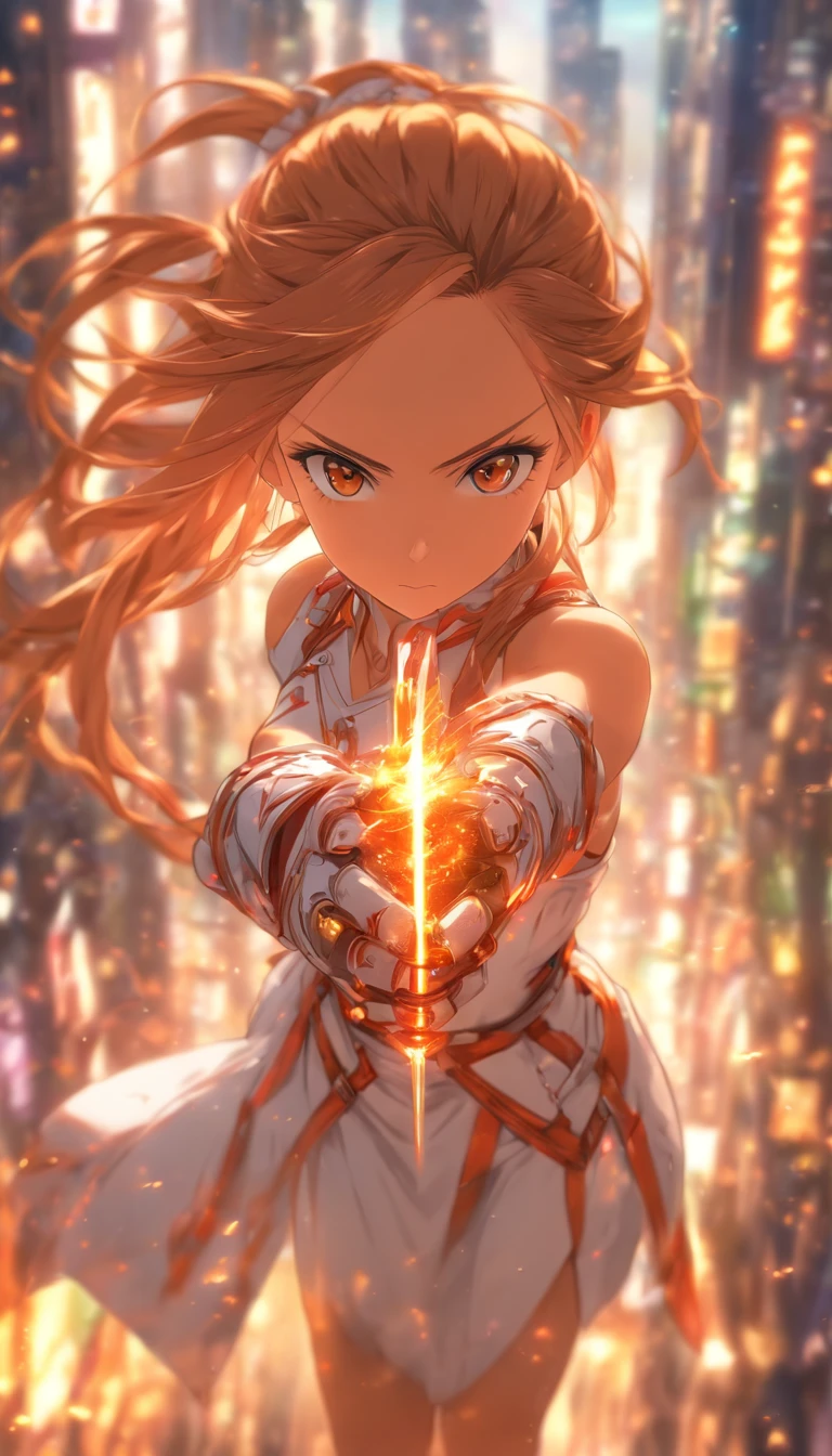 1 girl, High resolution, masterpiece, alone, big breasts, absurd, detailed face, perfect eyes, almond eye,Asuna (Sword Art Online), Upper body, full body esbian, white dress, jewelry, white gloves, cityscape, holding, golden hoop stick, random pose