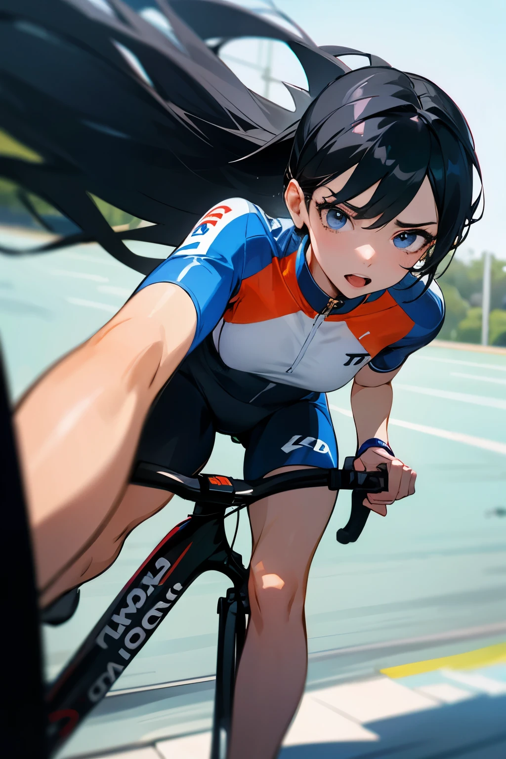 Lifelike, dynamic photo of a young woman in her 20s, with K-pop idol features, dressed as a professional cyclist, in cycling gear, on a race track, capturing the intensity and focus required in competitive cycling.