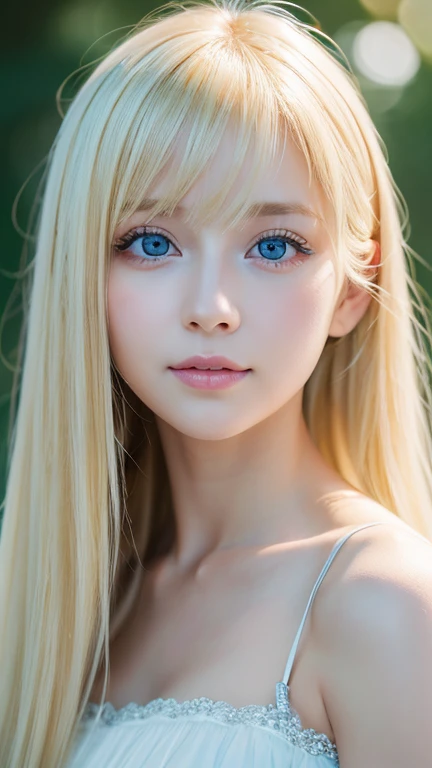 light smile、night、Live shooting、(((Portrait of extreme beauty)))、((glowing skin))、1 girl、Beautiful blonde girl from Prague, 、((まばゆいばかりのBrightいブロンドの髪))、[Bright, Sparkling pale blue eyes]、shiny very white skin、silky super long straight blonde hair、eyeliner、Bangs are long、blonde hair above the eyes、blonde over one eye、The blonde hair is hanging between the eyes、((masterpiece、最high quality、Super detailed、film light、intricate details、High resolution、8K、very detailed))、detailed background、8K UHD、digital single lens reflex、soft light、high quality、film grain、XT3 、shallow depth of field、Natural light、（There is no special beauty、gross face、Very big blue eyes、very big eyes、bangs between the eyes、片blonde hair above the eyes、blonde hair above the eyes、
