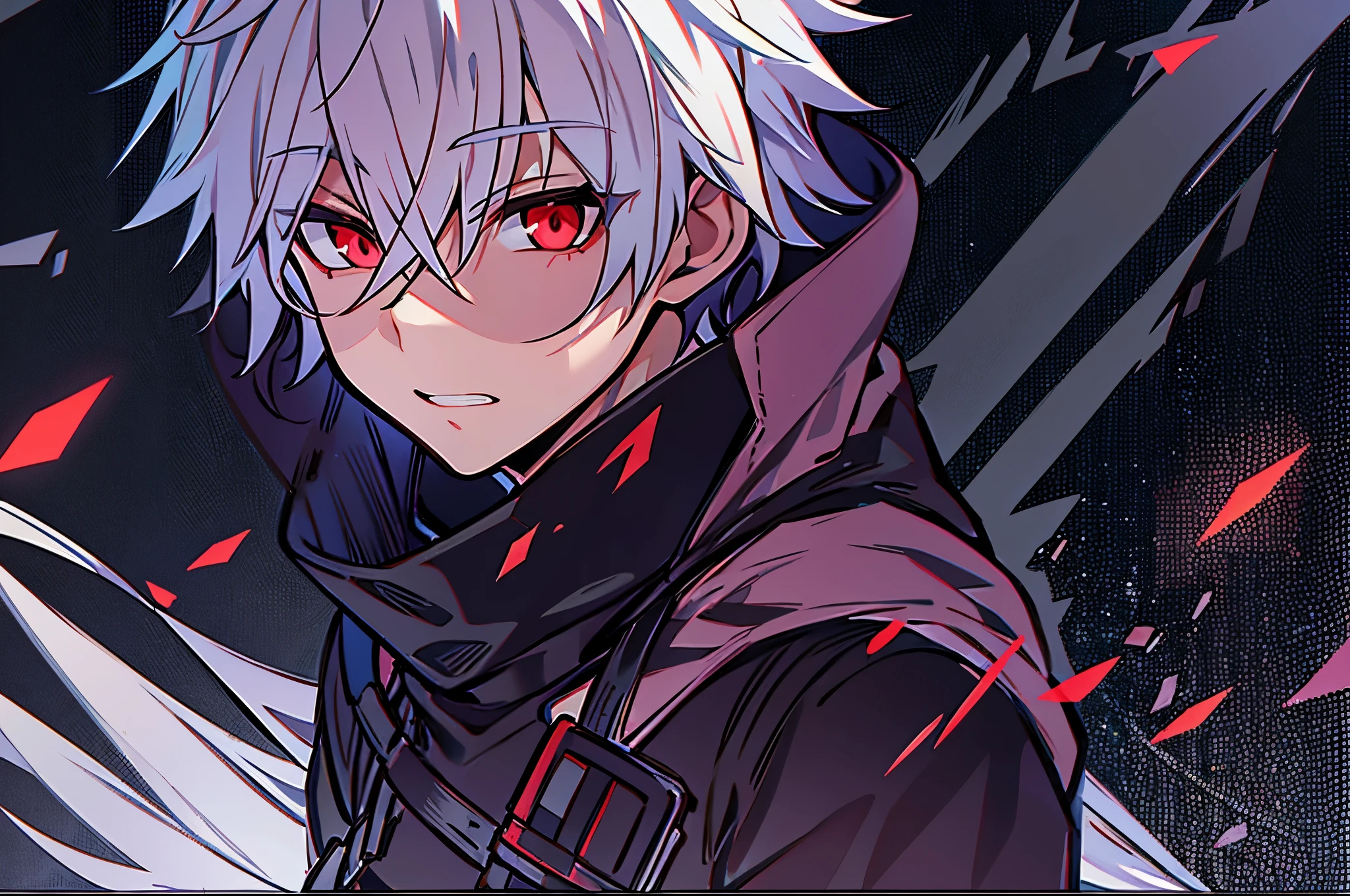hight resolution,Anime boy with white hair and red eyes staring at camera, red eyes,slim, dressed in a black outfit,Shadow Body,Brown skin,monochromes,hair messy,Diagonal angle