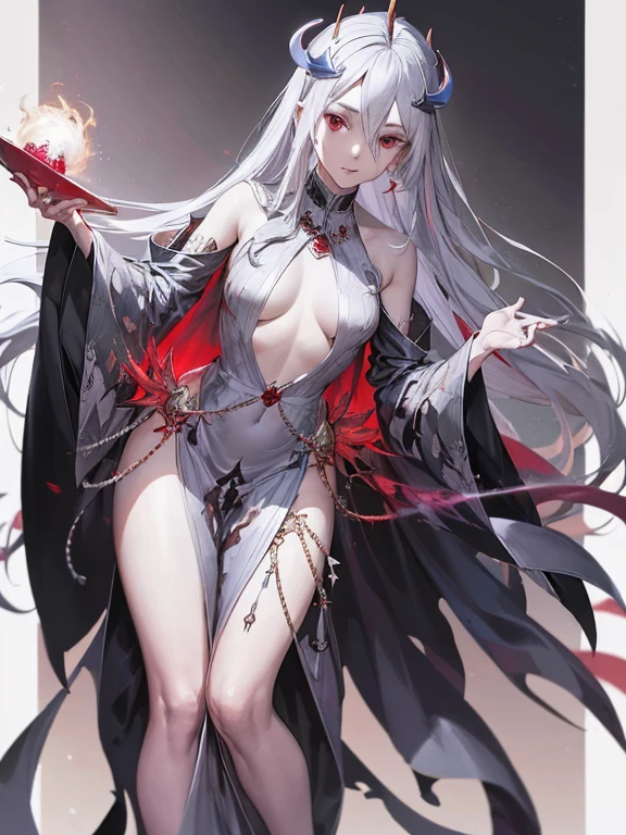 (3heads:1.5), 1girl, white hair, twintails, smug, bratty, red eyes, short, small boobs, black cloak, bare legs, black shoes, hands on hips, black gloves, skull pin in hair