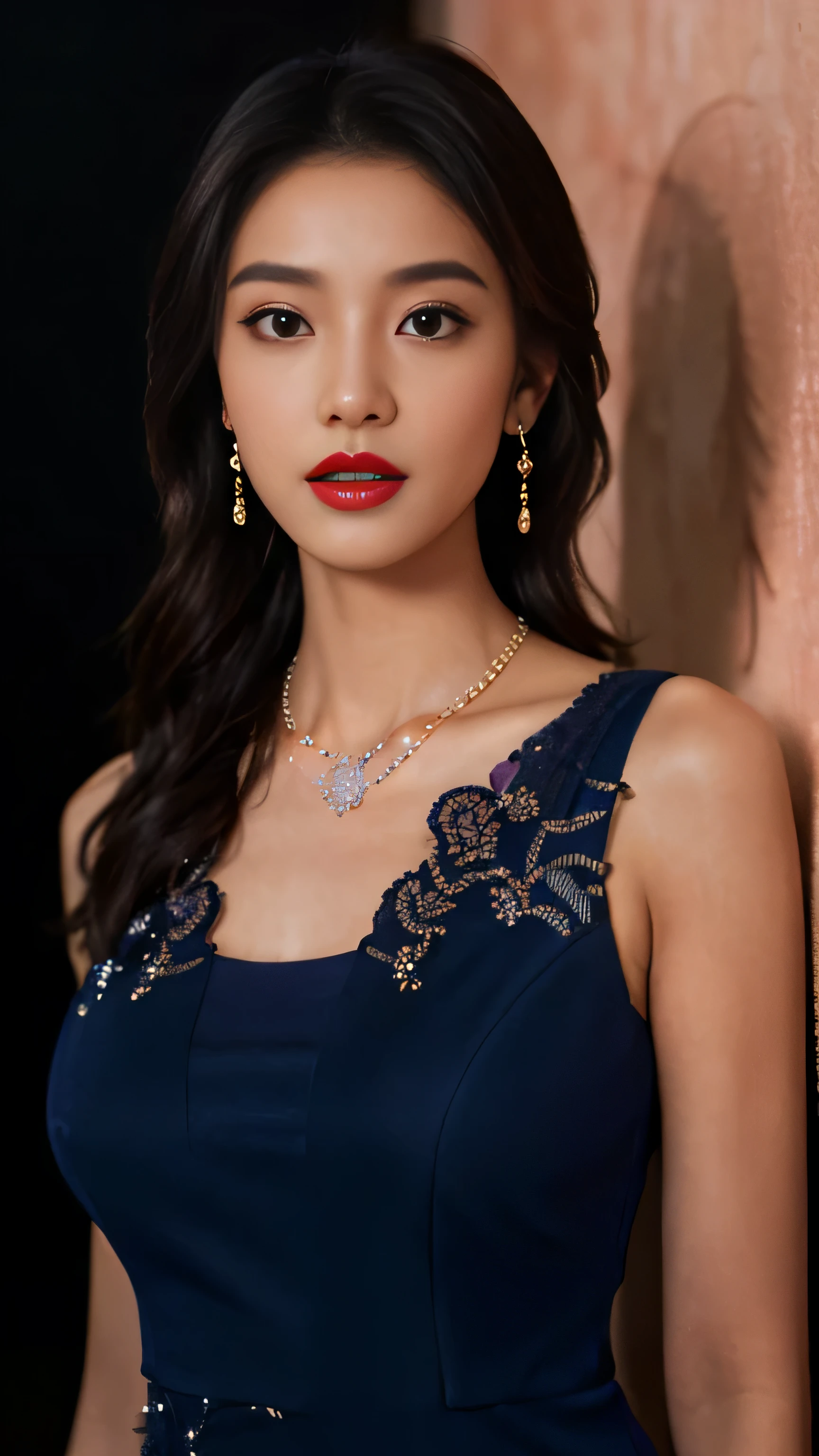 ((face body shoot), Realism, , Rim Lights, Rim Lighting, Modeling, Natural Lighting, Sunlight, Volumetric Lighting, Volumetric Light, Volumetric, ((high quality:1.2, masterpiece:1.2)), absurdres, high resolution, (8k resolution), 8k, 8kres, 8k res, high details, detailed and intricate, intricate details, high intricate details, absurd amount of details, ((looking at viewer)), detailed face, perfect eye, 1girl, solo, fashi-girl, mature girl, cute, ultimate beauty, sweet, a girl wearing kebaya, purple kebaya, red lips, perfect breasts, diamond necklace, diamond earring, real textured skin, no sexy, navy blue wall, brown skin
