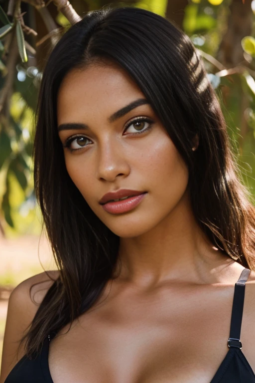 (close-up, editorial photograph of a 21 year old woman), araffed woman in a black bra top posing for a picture, violet myers, sexy girl with dark complexion, portrait sophie mudd, seductive lady, young black woman, in a black betch bra, black bra, gorgeous latina face, photo of a black woman, photo of a beautiful woman, black young woman, olive skinned, she has olive brown skin,, (highly detailed face:1.4) (smile:0.7) (background bright, nature, soft front light:1.3) POV, by lee jeffries, nikon d850, film stock photograph ,4 kodak portra 400 ,camera f1.6 lens ,rich colors ,hyper realistic ,lifelike texture, dramatic lighting , cinestill 800,