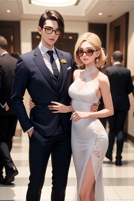 Pareja de hombre y mujer, hombre con lentes de aumento, alto, poco cabello, tez clara, traje de gala y mujer alta, tez clara, vestido rojo de gala
