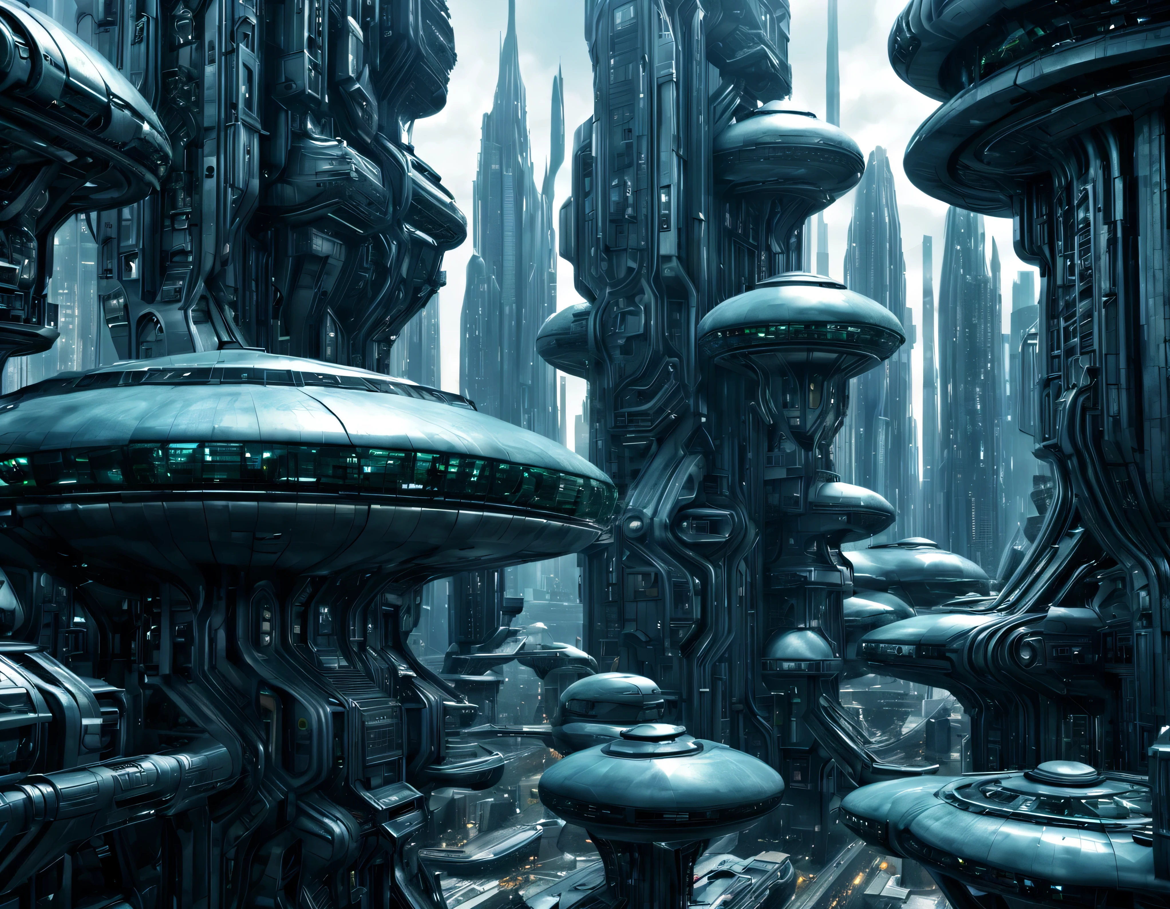 street of an extraterrestrial alien city with futuristic and technological architecture in its metal and glass buildings, some aliens walking around, all full of imagination, science fiction and (intrincados detalles de la maquina).imagen fotorrealista, Maximum sharpness, calidad 8k.(obra maestra de calidad superior). 3D.