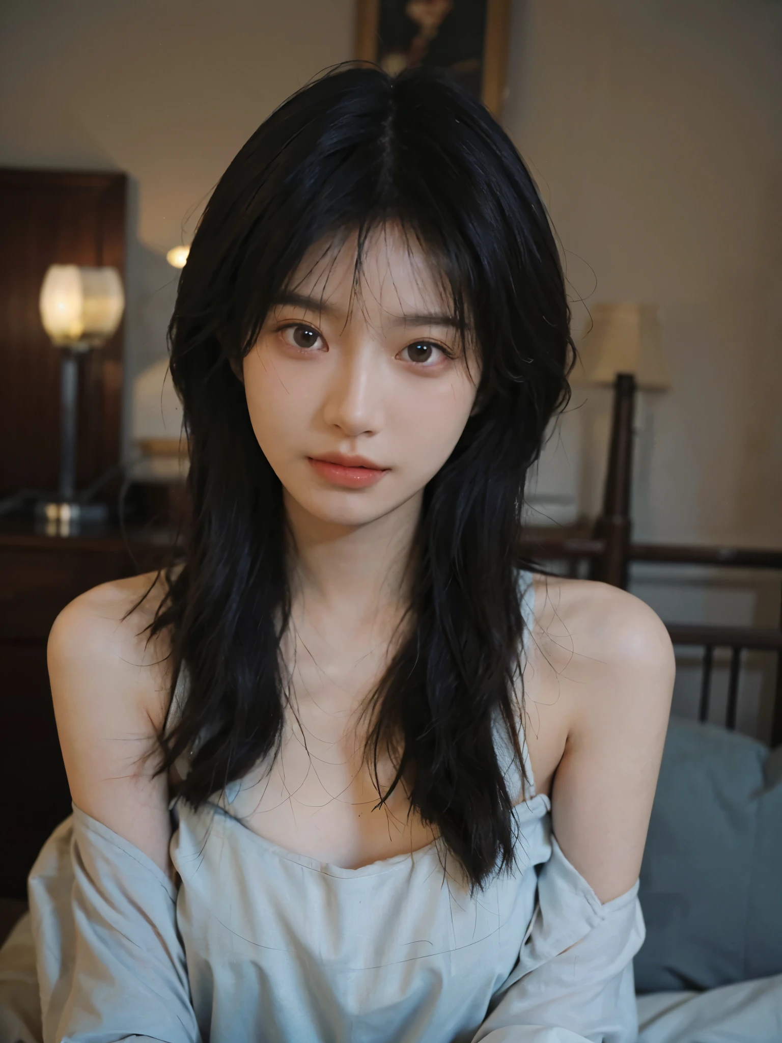 Film portrait photography, 1 girl, bare shoulders, Shoulder length wavy hair, serene, calm, (Realistic and detailed eyes, natural skin texture, Realistic facial details), Soft dramatic lighting, depth of field, Bokeh, Vibrant details, Detailed and detailed, surreal, 35mm film, hazy, ,