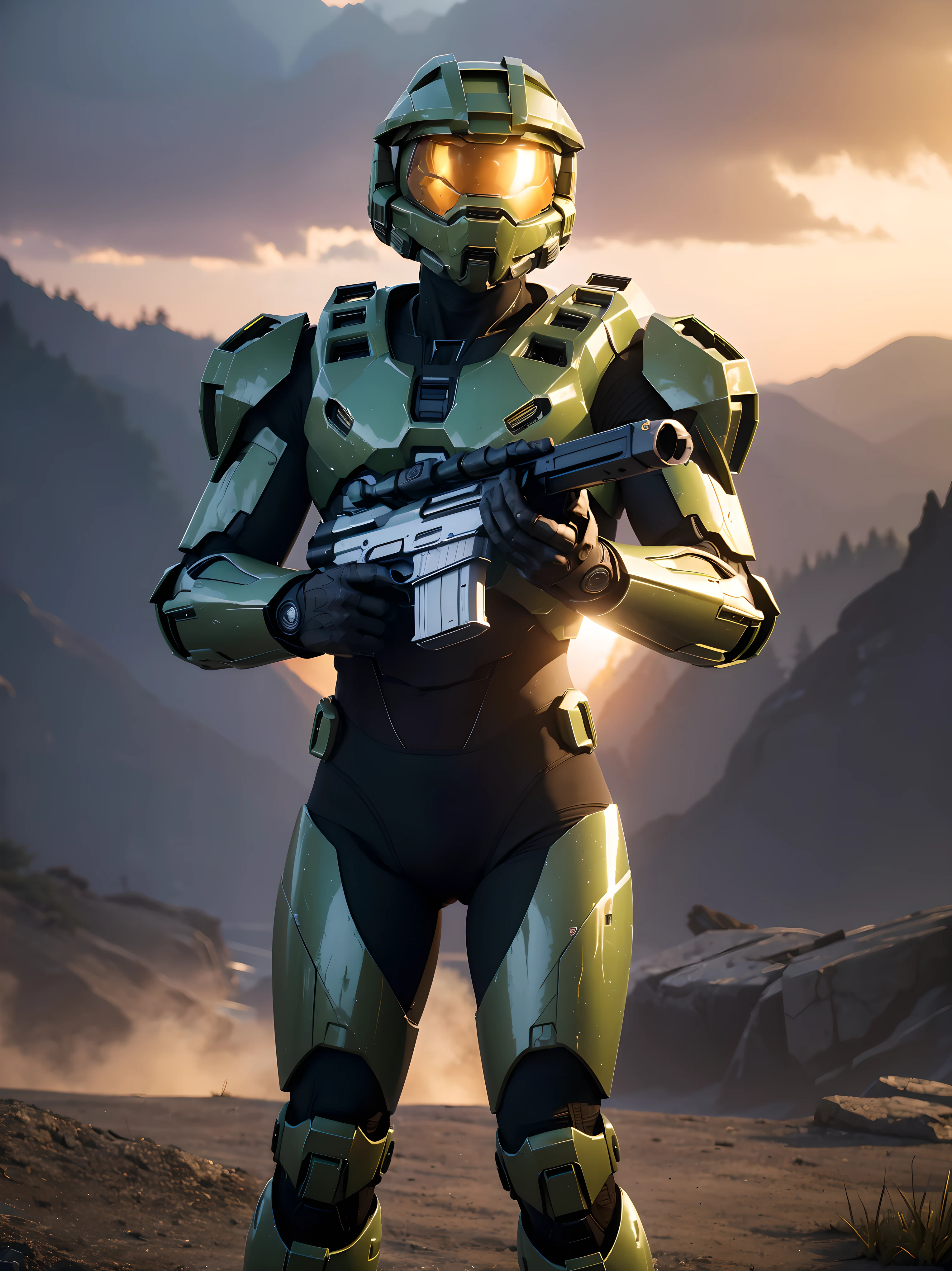 (masterpiece:1.2), best quality, high resolution, The original, (Very detailed:1.2), Super detailed, wallpaper, perfect lighting,(Very detailed CG:1.2), 8k, halo, (Master Chief:1.2), alone, Mecha, holding a gun, outdoor, science fiction, cyberpunk