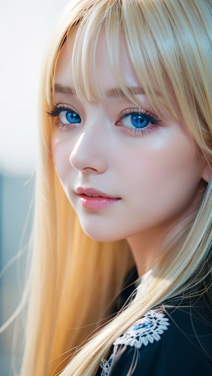 light smile、night、Live shooting、(((Portrait of extreme beauty)))、((glowing skin))、1 girl、Beautiful blonde girl from Prague, 11 years old、((まばゆいばかりのBrightいブロンドの髪))、[Bright, Sparkling pale blue eyes]、shiny very white skin、Blonde color that changes depending on the light source、silky super long straight blonde hair、eyeliner、Bangs are long、blonde hair above the eyes、blonde over one eye、The blonde hair is hanging between the eyes、((masterpiece、最high quality、Super detailed、film light、intricate details、High resolution、8K、very detailed))、detailed background、8K UHD、digital single lens reflex、soft light、high quality、film grain、XT3 、shallow depth of field、Natural light、（There is no special beauty、gross face、Very big blue eyes、very big eyes、bangs between the eyes、片blonde hair above the eyes、blonde hair above the eyes、small face beautiful girl、cheek gloss highlight