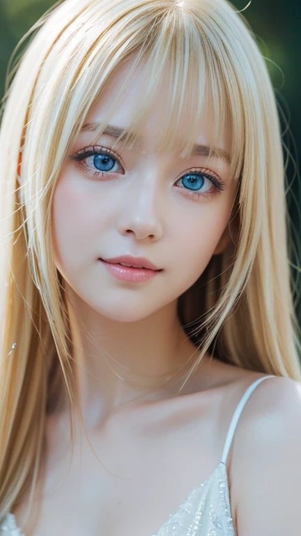 light smile、night、Live shooting、(((Portrait of extreme beauty)))、((glowing skin))、1 girl、Beautiful blonde girl from Prague, 、((まばゆいばかりのBrightいブロンドの髪))、[Bright, Sparkling pale blue eyes]、shiny very white skin、Blonde color that changes depending on the light source、silky super long straight blonde hair、eyeliner、Bangs are long、blonde hair above the eyes、blonde over one eye、The blonde hair is hanging between the eyes、((masterpiece、最high quality、Super detailed、film light、intricate details、High resolution、8K、very detailed))、detailed background、8K UHD、digital single lens reflex、soft light、high quality、film grain、XT3 、shallow depth of field、Natural light、（There is no special beauty、gross face、Very big blue eyes、very big eyes、bangs between the eyes、片blonde hair above the eyes、blonde hair above the eyes、small face beautiful girl、cheek gloss highlight