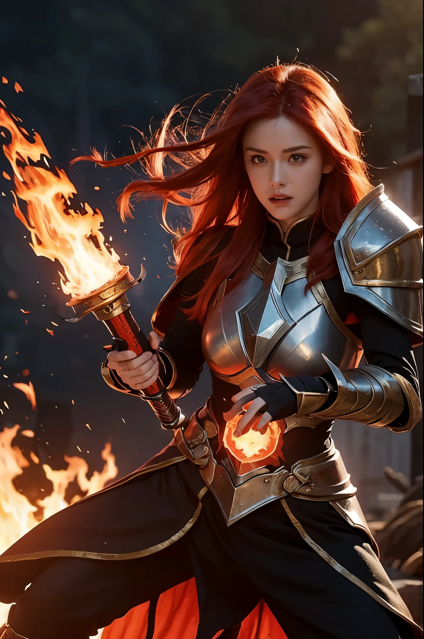 an action shot of a fantasy game woman paladin with red flaming hair wielding a fire sword and fire shield, wearing black armor, fire in background, HD, masterpiece, best quality, hyper detailed, ultra detailed,  