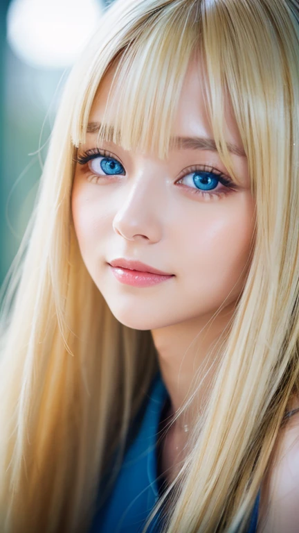 light smile、night、Live shooting、(((Portrait of extreme beauty)))、((glowing skin))、1 girl、Beautiful blonde girl from Prague, 11 years old、((まばゆいばかりのBrightいブロンドの髪))、[Bright, Sparkling pale blue eyes]、shiny very white skin、Blonde color that changes depending on the light source、silky super long straight blonde hair、eyeliner、Bangs are long、blonde hair above the eyes、blonde over one eye、The blonde hair is hanging between the eyes、((masterpiece、最high quality、Super detailed、film light、intricate details、High resolution、8K、very detailed))、detailed background、8K UHD、digital single lens reflex、soft light、high quality、film grain、XT3 、shallow depth of field、Natural light、（There is no special beauty、gross face、Very big blue eyes、very big eyes、bangs between the eyes、片blonde hair above the eyes、blonde hair above the eyes、small face beautiful girl、cheek gloss highlight