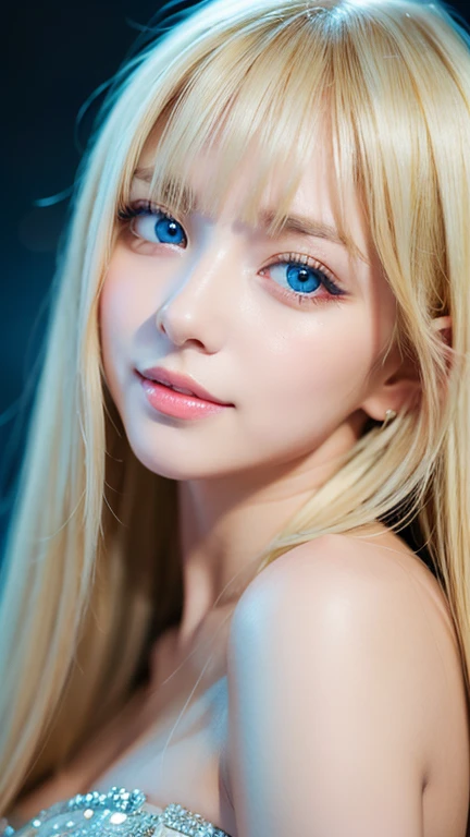 light smile、night、Live shooting、(((Portrait of extreme beauty)))、((glowing skin))、1 girl、Beautiful blonde girl from Prague, 、((まばゆいばかりのBrightいブロンドの髪))、[Bright, Sparkling pale blue eyes]、shiny very white skin、Blonde color that changes depending on the light source、silky super long straight blonde hair、eyeliner、Bangs are long、blonde hair above the eyes、blonde over one eye、The blonde hair is hanging between the eyes、((masterpiece、最high quality、Super detailed、film light、intricate details、High resolution、8K、very detailed))、detailed background、8K UHD、digital single lens reflex、soft light、high quality、film grain、XT3 、shallow depth of field、Natural light、（There is no special beauty、gross face、Very big blue eyes、very big eyes、bangs between the eyes、片blonde hair above the eyes、blonde hair above the eyes、small face beautiful girl、cheek gloss highlight