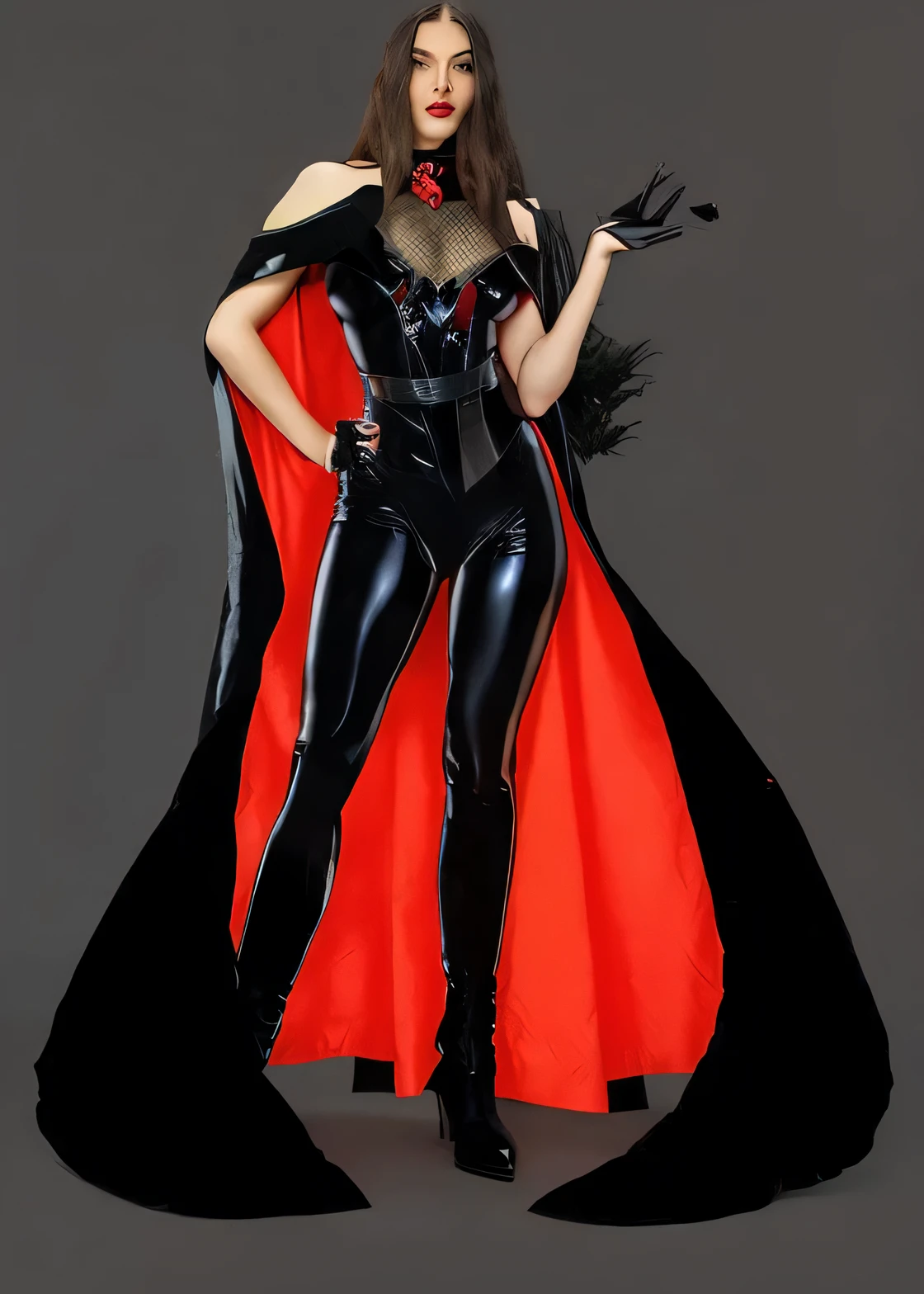uma mulher com uma capa preta e vermelha, androgynous vampire, Carmilla Vampiro, Wanda Maximoff, villain, moda vampiro, Feiticeira escarlate, Feiticeira escarlate marvel, mulher morcego, Feiticeira escarlate costume, com uma longa capa preta, bruxa feiticeira supervillain, Cabo Escuro, com capa, vestindo roupas pretas e capa, sexy, ultrarrealista,