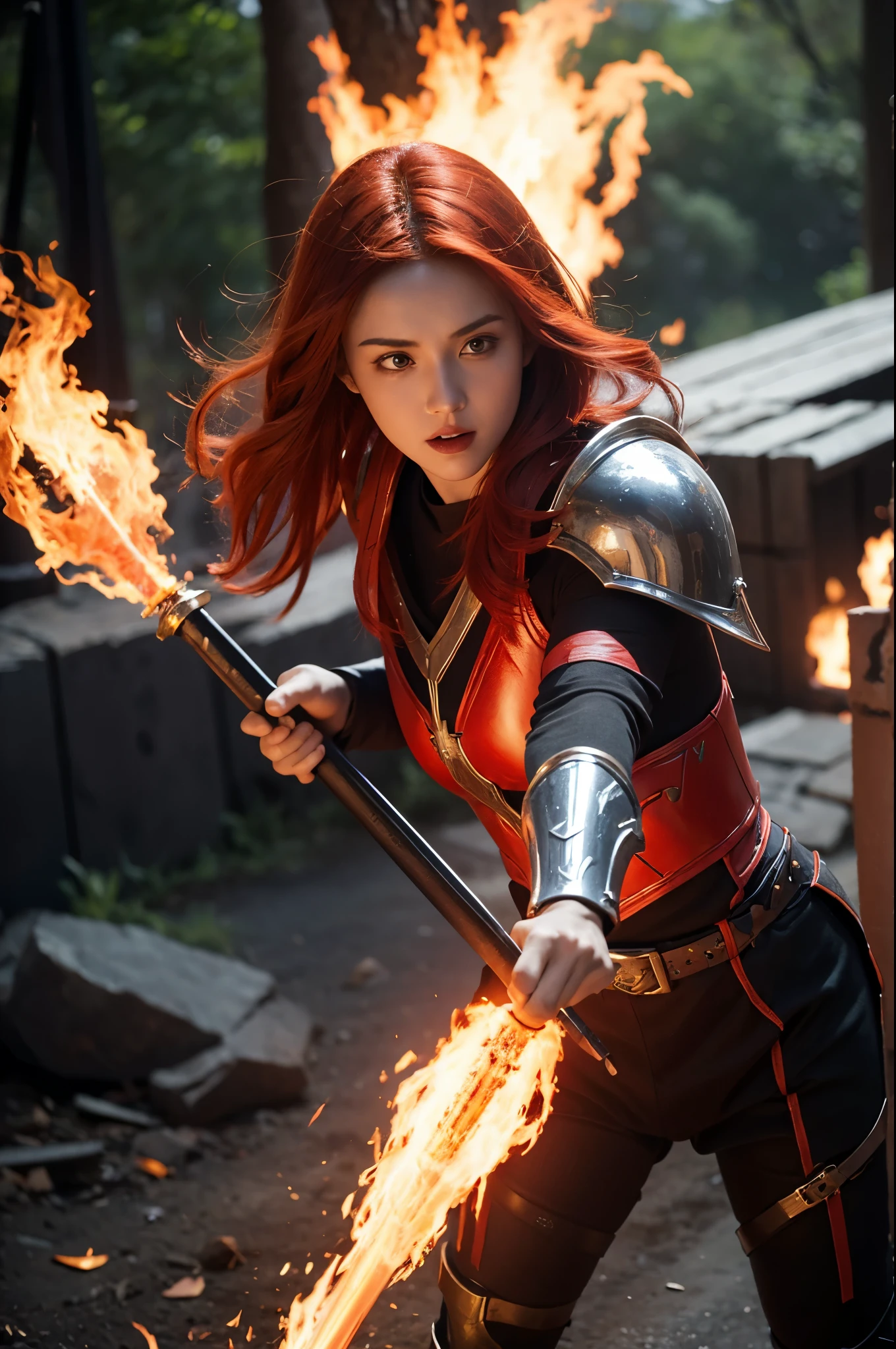 an action shot of a fantasy game woman paladin with red flaming hair wielding a fire sword and fire shield, wearing black armor, fire in background, HD, masterpiece, best quality, hyper detailed, ultra detailed,