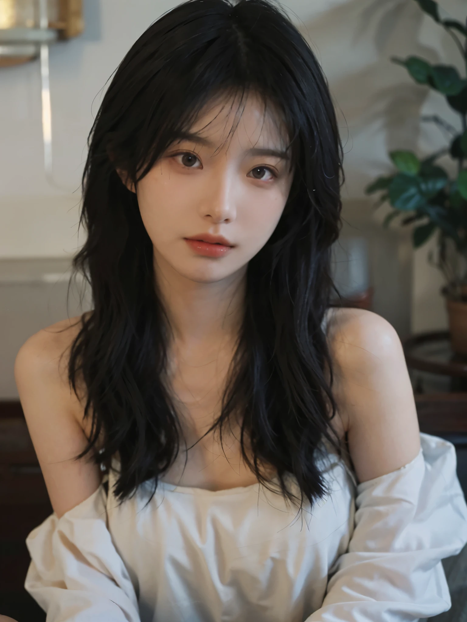 Film portrait photography, 1 girl, bare shoulders, Shoulder length wavy hair, serene, calm, (Realistic and detailed eyes, natural skin texture, Realistic facial details), Soft dramatic lighting, depth of field, Bokeh, Vibrant details, Detailed and detailed, surreal, 35mm film, hazy, ,
