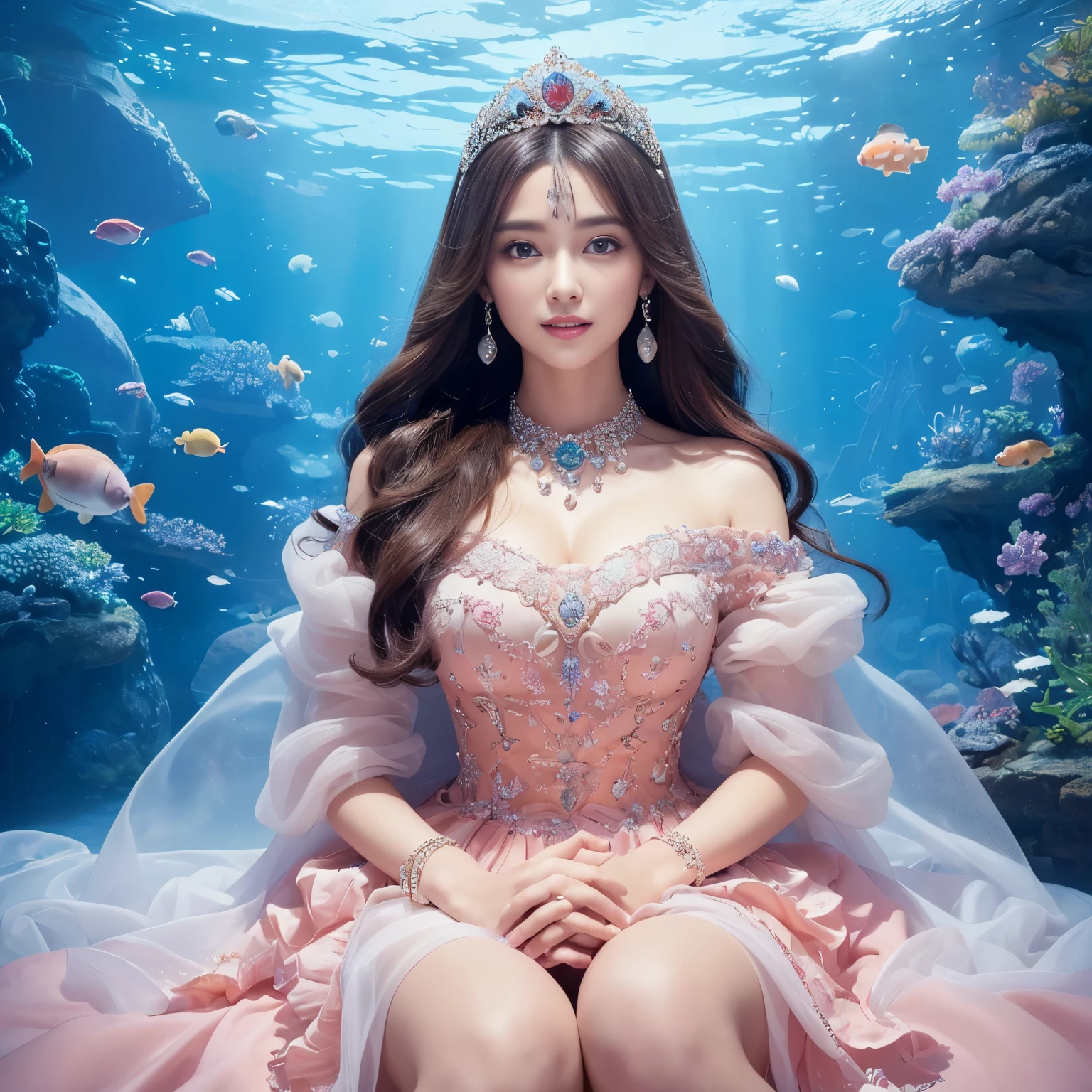 (highest quality、table top、8K、best image quality、hyper realism)、(Goddess wearing the most extravagant and luxurious finest goddess dress:1.2)、(A princess wearing the most extravagant and gorgeous goddess dress:1.2)、(The most luxurious and finest transparent sleeve:1.1)、(Sitting on the most luxurious and finest giant bed:1.25)、(upper body photo:1.1)、(The wall of the room is a huge high-quality aquarium:1.2)、(A huge, highly detailed aquarium of the highest quality:1.3)、(Surrounded by a huge aquarium of the highest quality:1.2)、(The most detailed depiction of a gigantic aquarium made of the most beautiful crystal that shines fantastically.:1.2)、(Surrounded by the most luxurious and magical giant aquarium made of the finest purple crystal.:1.2)、(The most detailed depiction of sea creatures in a huge aquarium:1.2)、(The most magical dome-shaped luxury princess room that shines brightly.:1.2), (There are many beautiful corals and shells in the room.)、(the biggest smile when you look at me:1.2)、Wavy brown hair、Complex, Finely shining scales、(Finest Huge Jewelry Decoration:1.1)、The most gorgeous high-end princess costume、the most luxurious decoration、全身にComplex宝石が施されている、Describe her face in detail、Giant tiara、Clear and detailed background、(Everything is a fantastic and glittering background:1.1)、(accurate anatomy:1.1)、(The most luxurious and huge finest jewelry decoration:1.1)