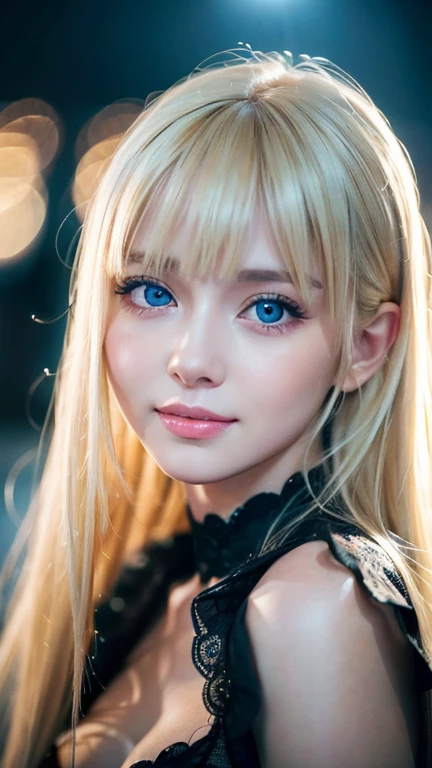 light smile、night、Live shooting、(((Portrait of extreme beauty)))、((glowing skin))、1 girl、Beautiful blonde girl from Prague, 、((まばゆいばかりのBrightいブロンドの髪))、[Bright, Sparkling pale blue eyes]、shiny very white skin、Hair color that changes depending on the light source、silky super long straight blonde hair、eyeliner、Bangs are long、blonde hair above the eyes、blonde over one eye、The blonde hair is hanging between the eyes、((masterpiece、最high quality、Super detailed、film light、intricate details、High resolution、8K、very detailed))、detailed background、8K UHD、digital single lens reflex、soft light、high quality、film grain、XT3 、shallow depth of field、Natural light、（There is no special beauty、gross face、Very big blue eyes、very big eyes、bangs between the eyes、片blonde hair above the eyes、blonde hair above the eyes、small face beautiful girl、cheek gloss highlight