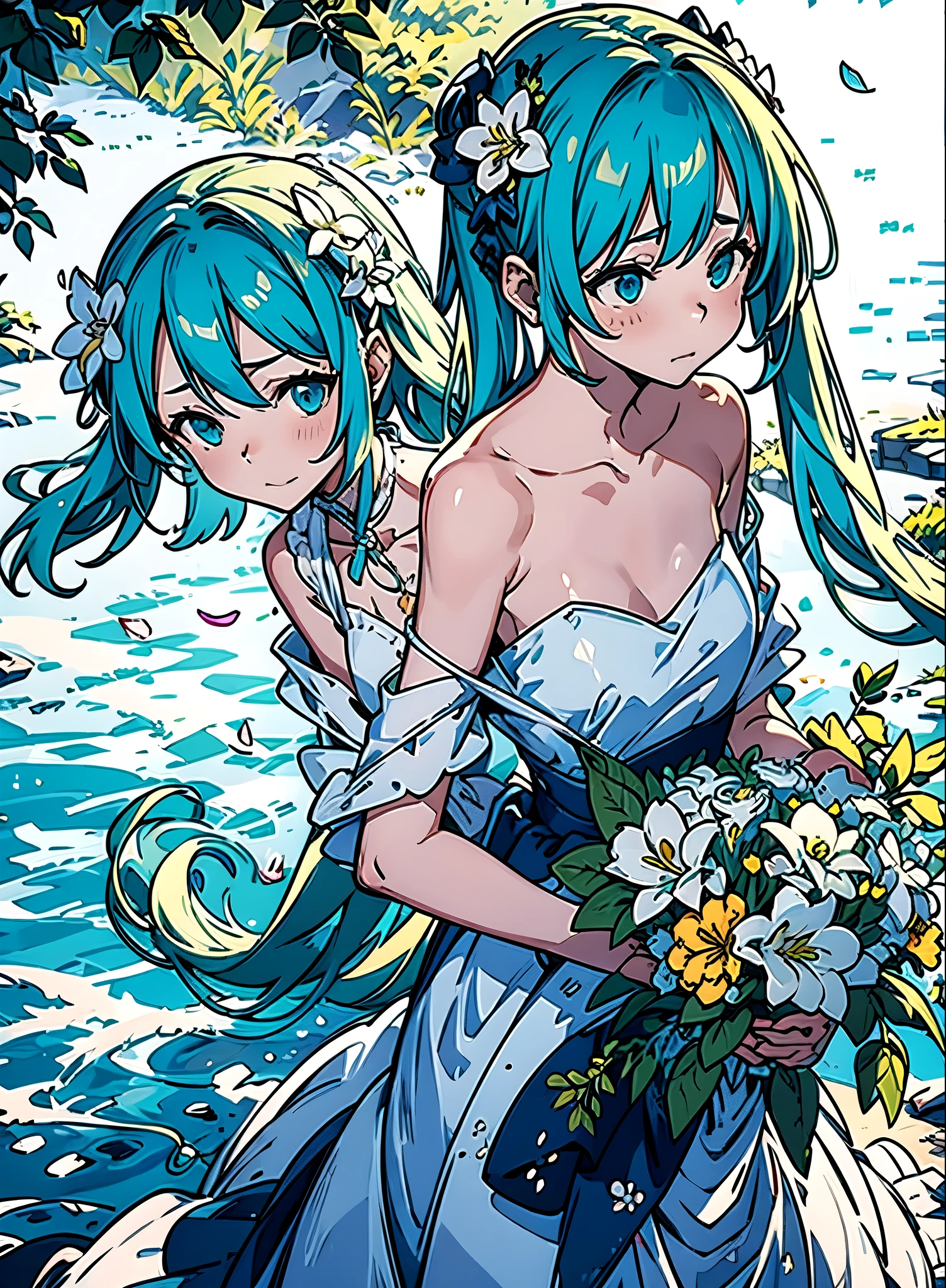 hatsune miku blue hair , Kagamine Rin yellow hair , White Wedding Dresses, long hair, flower hairpin, wedding bouquet wrapped in white paper, hand caressed hair, The effect of falling white petals, lily, big,