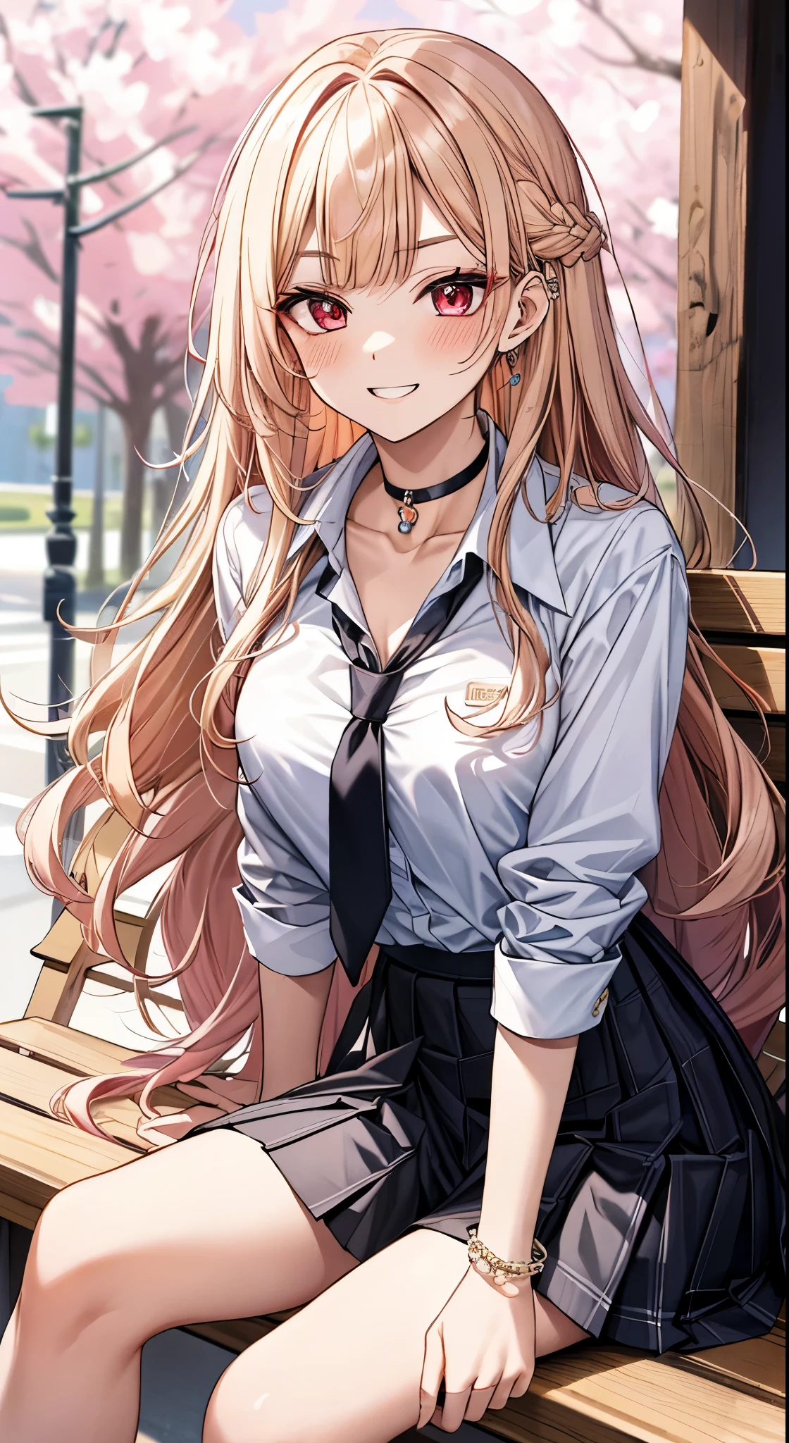 masterpiece, best quality, 1girl, long hair, bored, sitting, feet up, soles, forest bangs, black choker, black necktie, blonde hair, blue skirt, blush, bracelet, breasts, choker, clothes around waist, collarbone, collared shirt, cowboy shot, dress shirt, ear piercing, eyebrows visible through hair, gradient hair, grin, gyaru, jewelry, kogal, long hair, looking at viewer, loose necktie, necktie, piercing, plaid, plaid skirt, pleated skirt, red eyes, ring, school uniform, shirt, skirt, smile, solo, white shirt, street, sky, cherry blossoms, petals, 粉发，（比基尼）