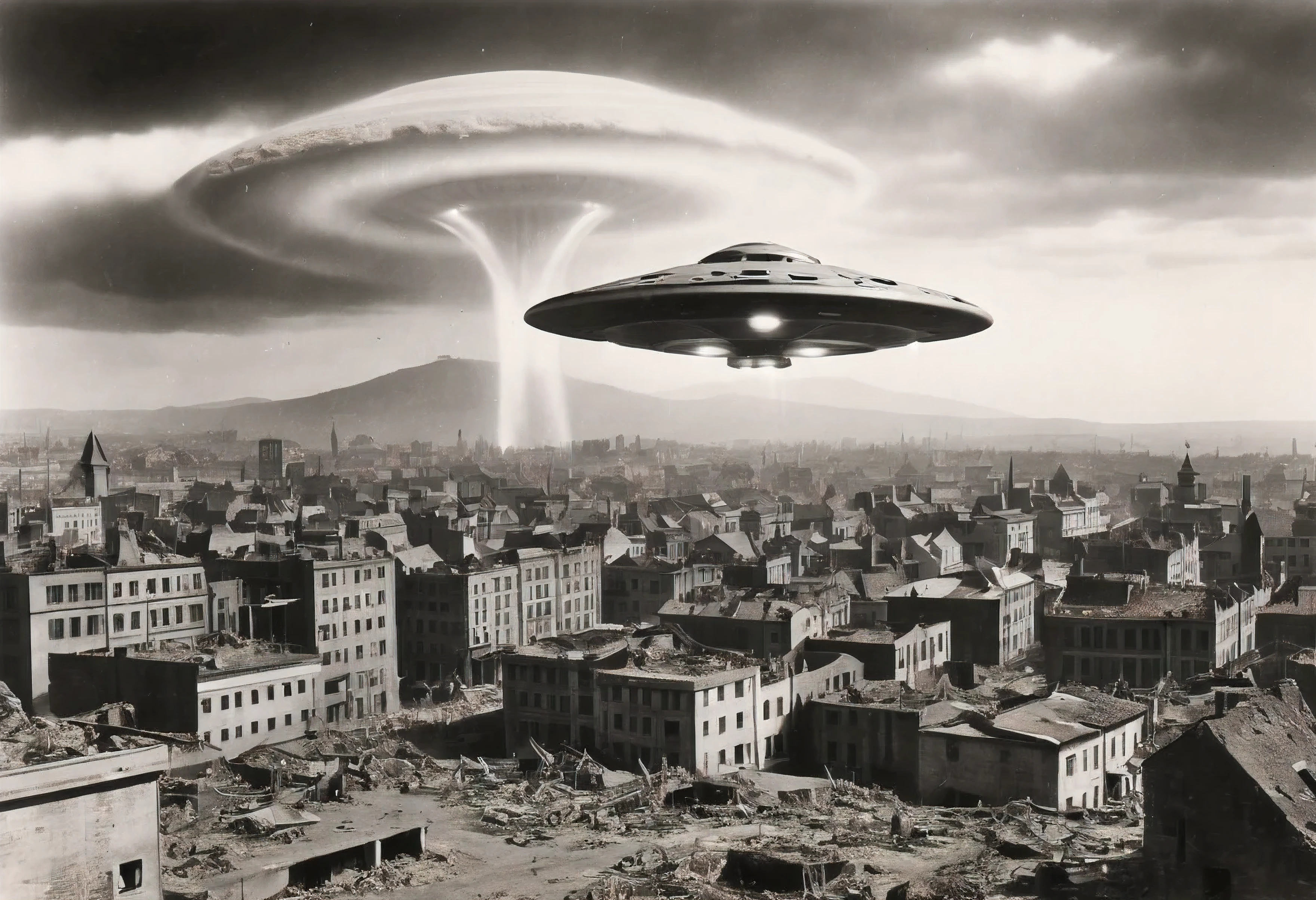B&W 35mm vintage photo of a UFO in a WW2 picture, destroyed city backdrop