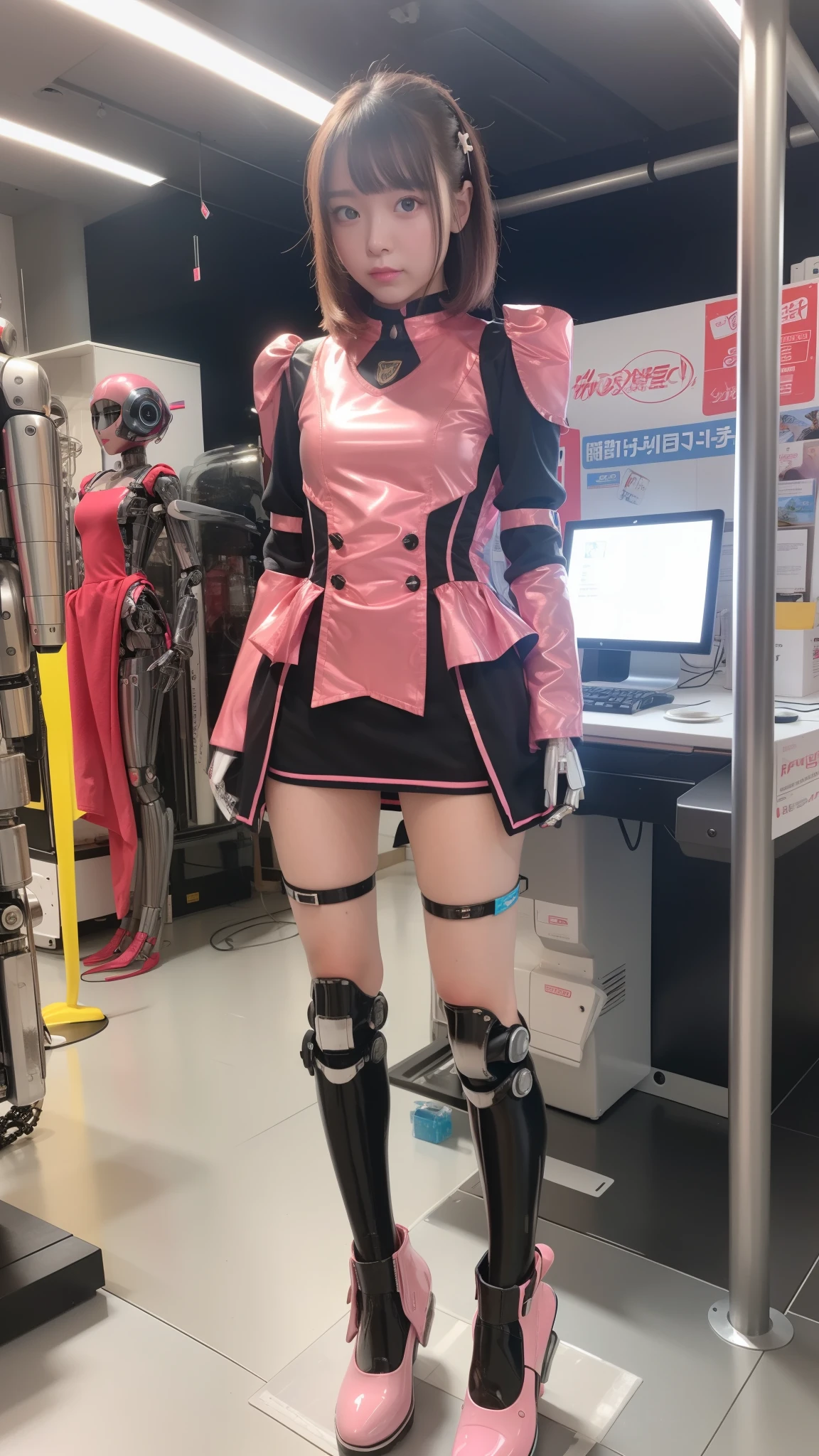 Robot Girl, pink there, Silver, Metallic body, Robot Parts, Metal Parts, Super Detailed Face, Super well-formed face, of the highest quality, a small face, a small head, Brown hair, Slender body, Camera gaze, Internal Mechanical Exposure, Idol, front facing, Well-proportioned body, sale, Exhibited, Event Hall, Moe Pose, pink metallic ta dress machine armor, Standing with legs open, Model body type, sad, Embarrassing,(Perfect Robot Girl),(Perfect machine body)