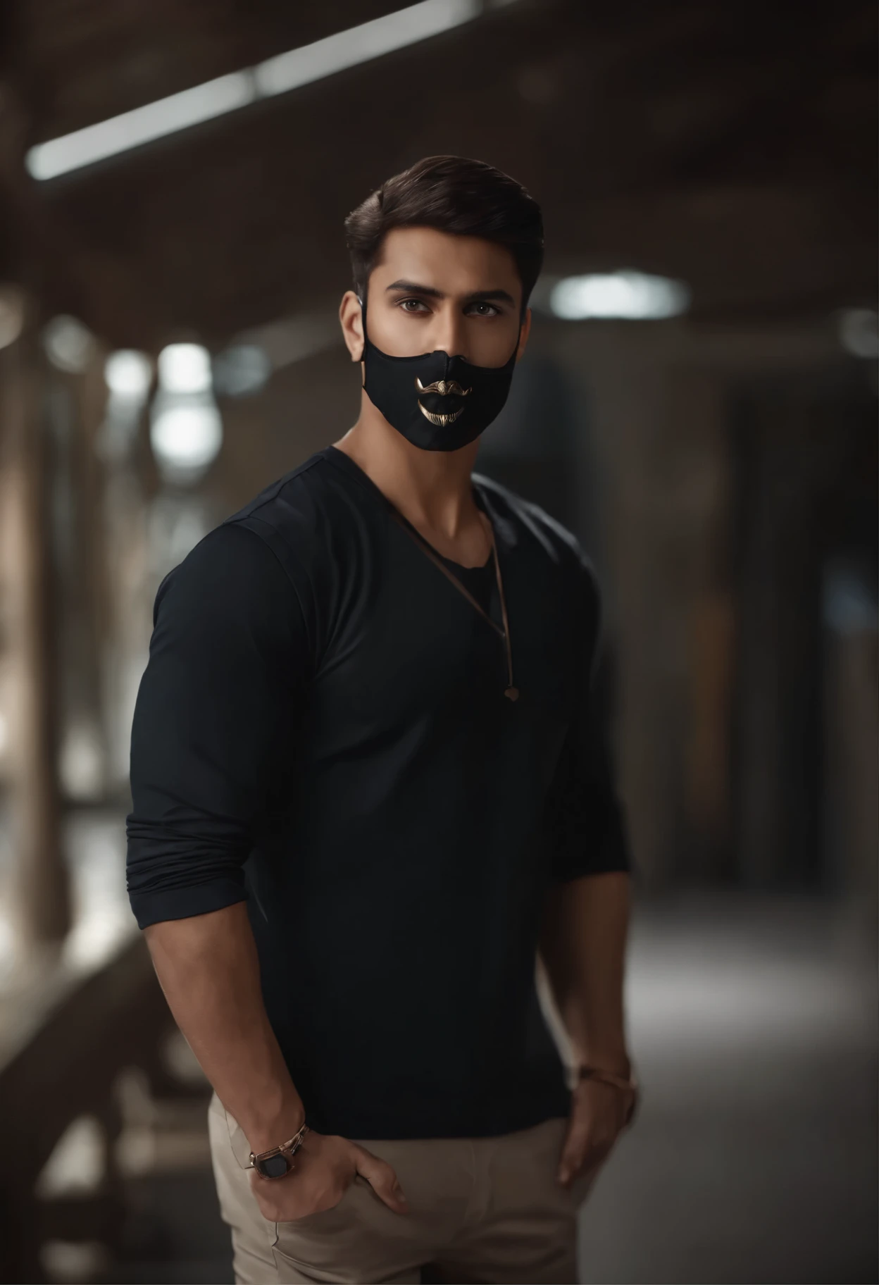 A guy of age 28 years , wheatish complexion, brown short hair, RAW, Best quality, high resolution,8k, brown eyes, perfect eyes, glowing shiny face, photography, close up, photorealistic, hyperrealism, professional photography, DSLR, looking at the camera, wearing a black mask with a sticker of skull , centred at camera, unreal engine, hyper sharp face